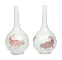 A Pair of Large Chinese Copper Red 'Lions' Vases