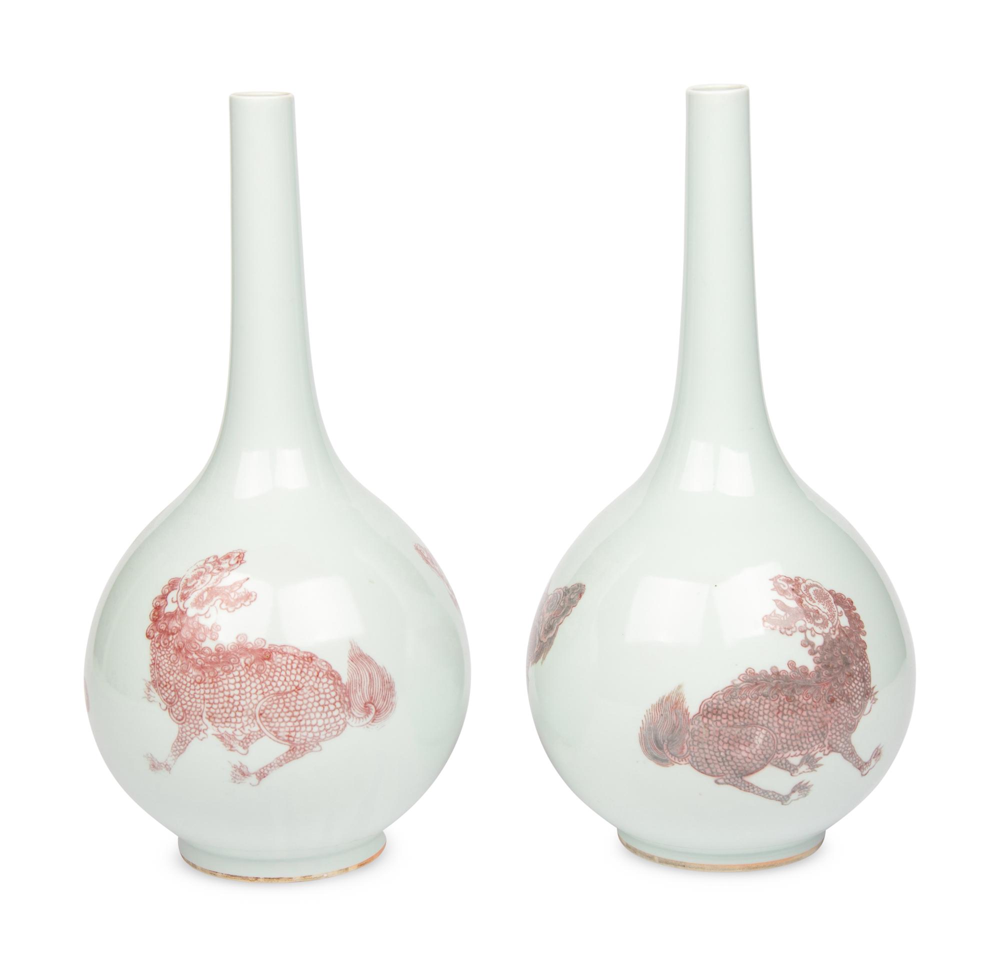 A Pair of Large Chinese Copper Red 'Lions' Vases
