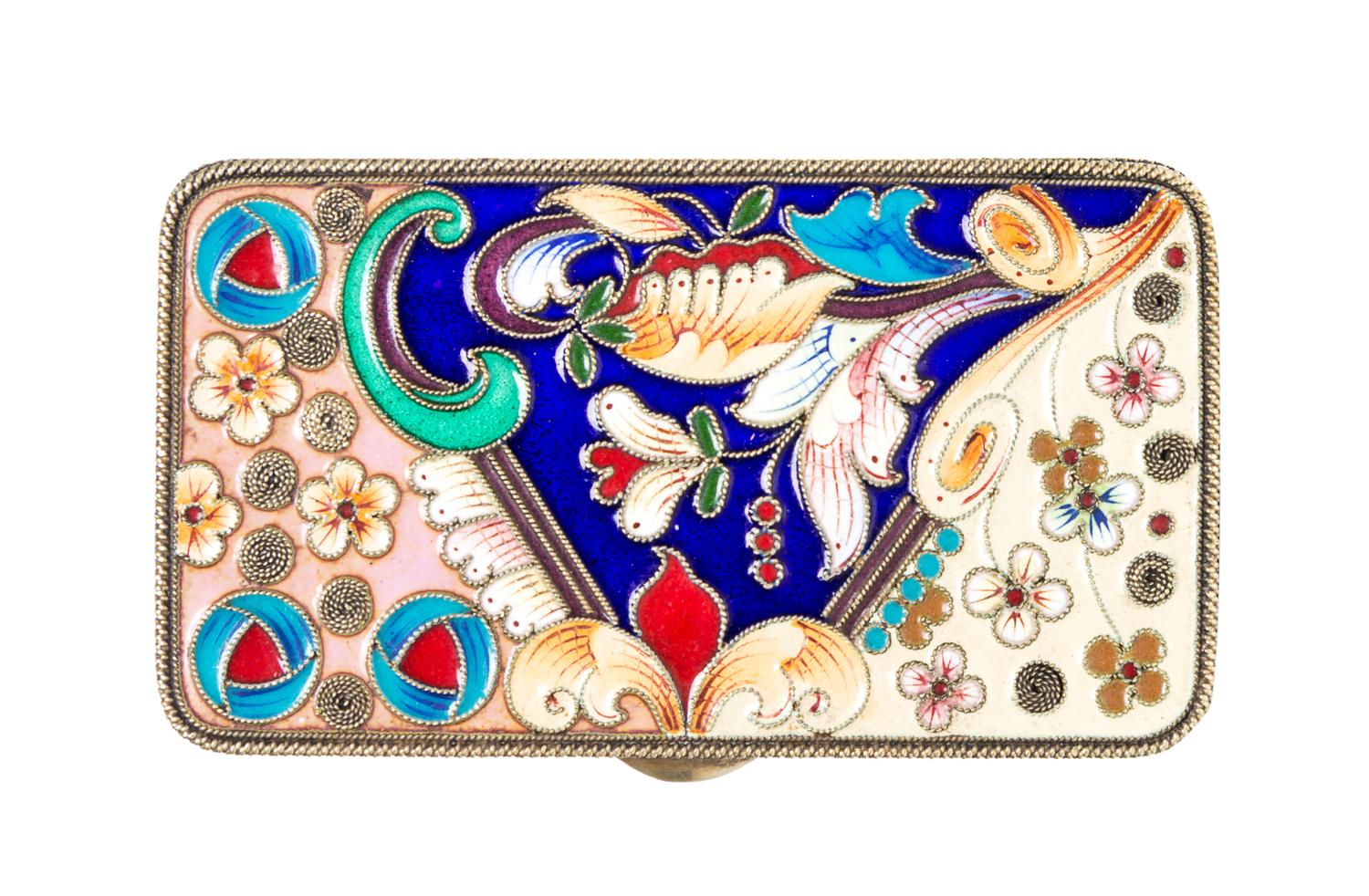 A Russian Enameled Silver-Gilt Box, 1908-1926, of rectangular form with polychrome floral decoration.