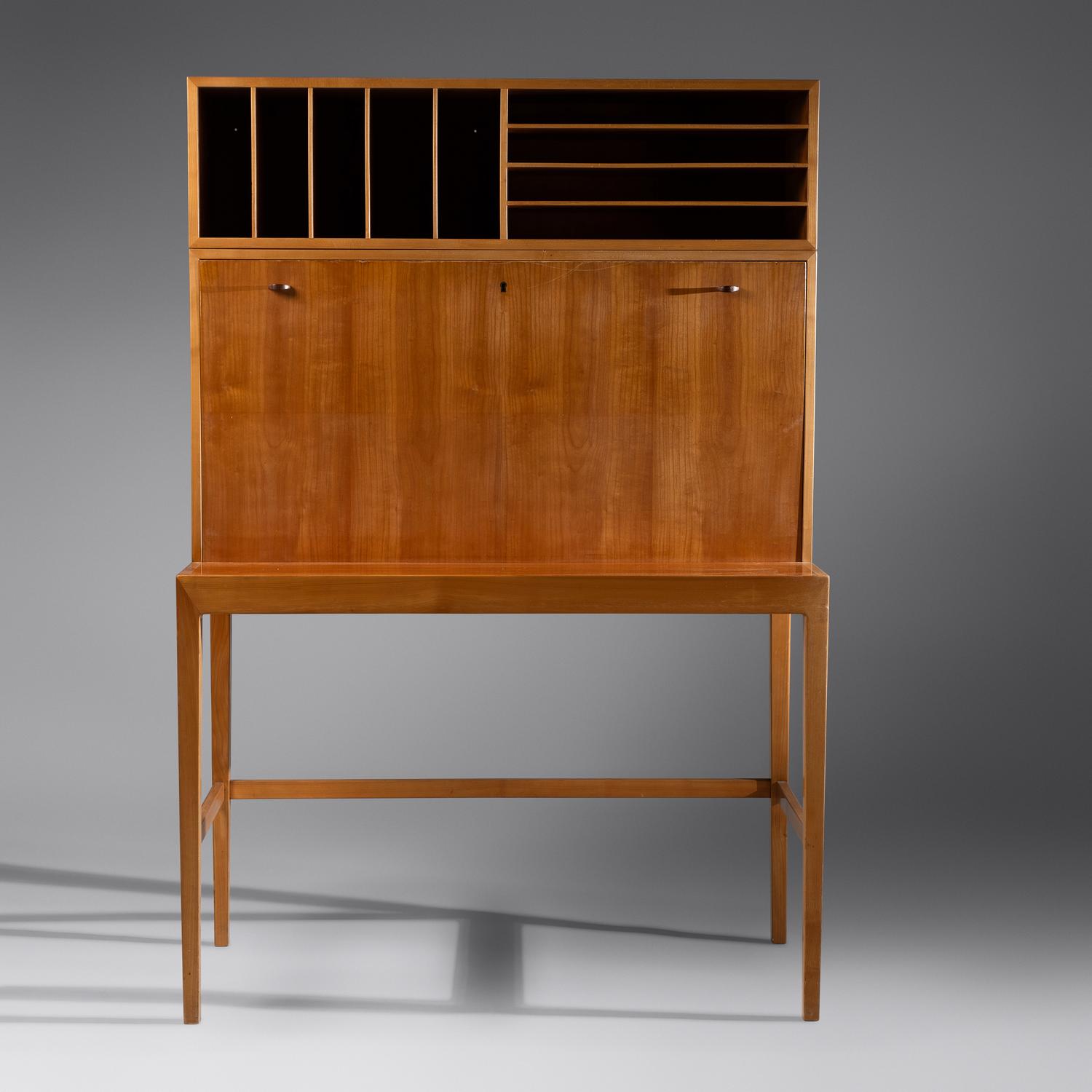 Drop-front desk and wall shelf, c. 1958