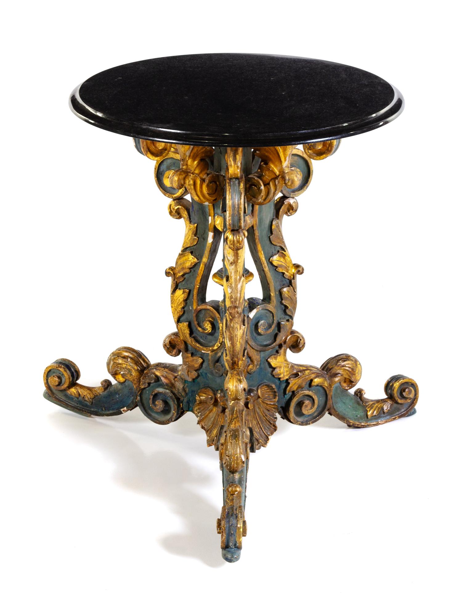 A Venetian Painted and Parcel Gilt Table Base Height 28 1/4 x diameter of top 23 1/4 inches. — 19TH CENTURY AND LATER
