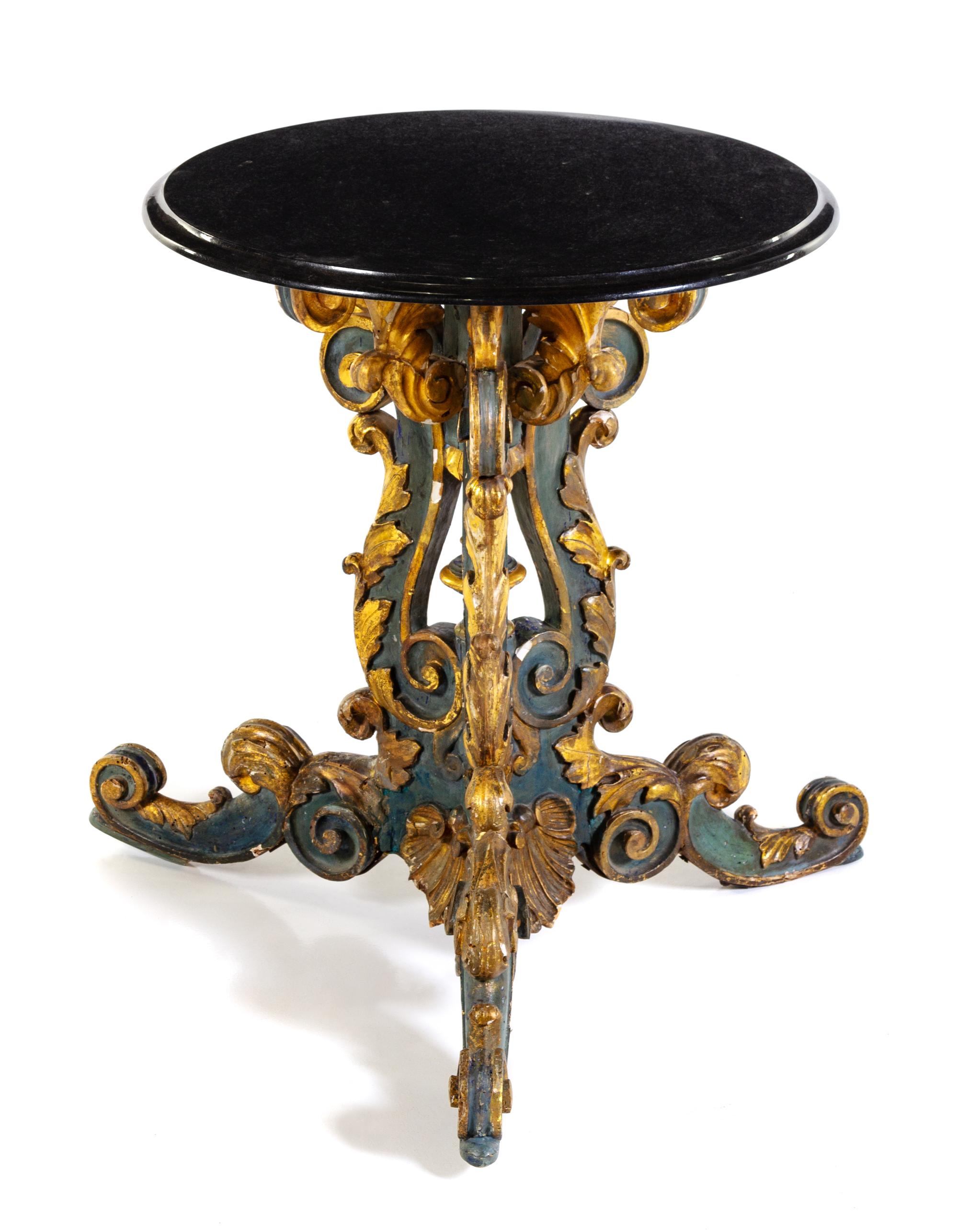 A Venetian Painted and Parcel Gilt Table Base Height 28 1/4 x diameter of top 23 1/4 inches. — 19TH CENTURY AND LATER