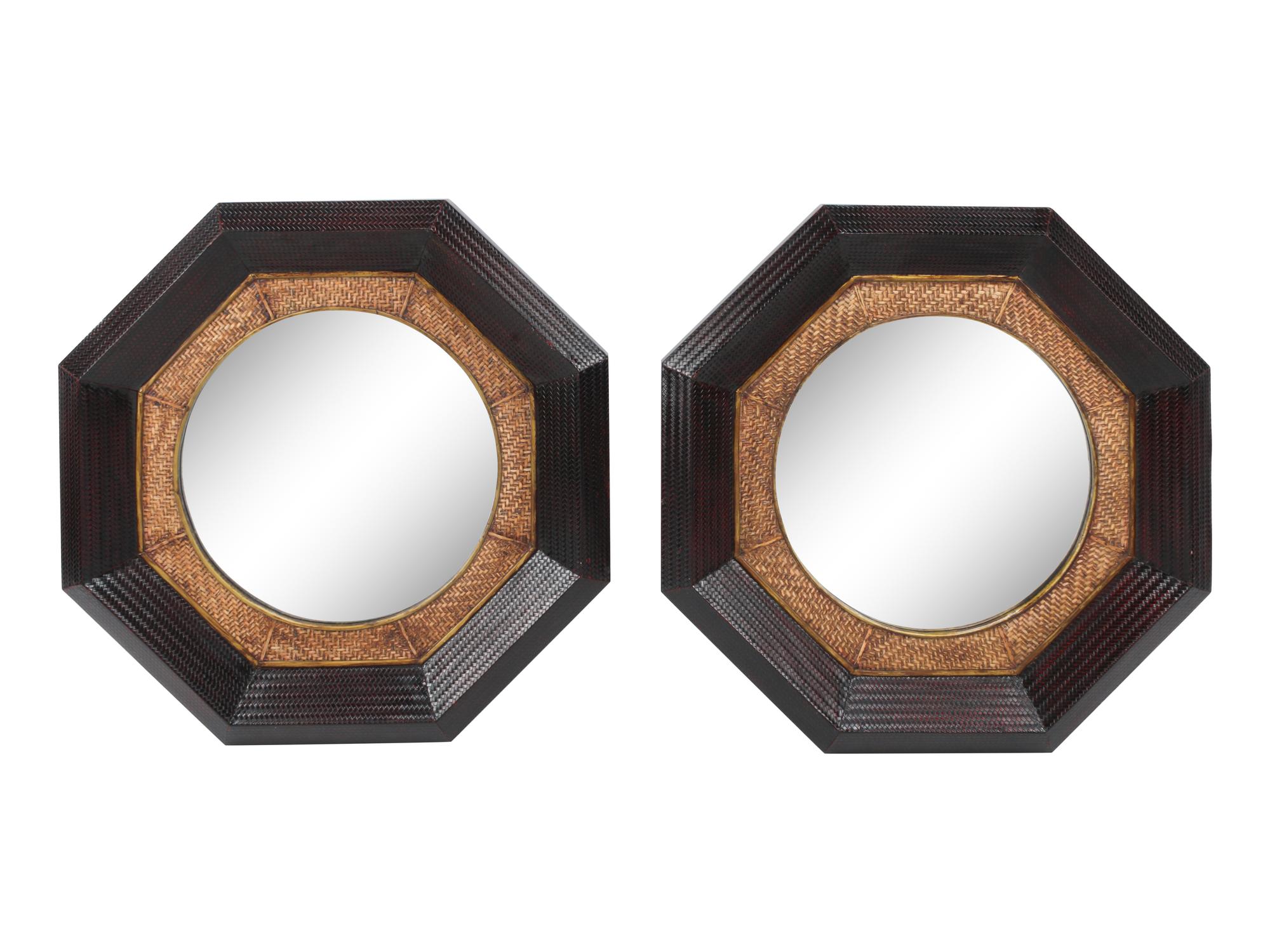 A Pair of Portuguese Style Caned Octagonal Mirrors