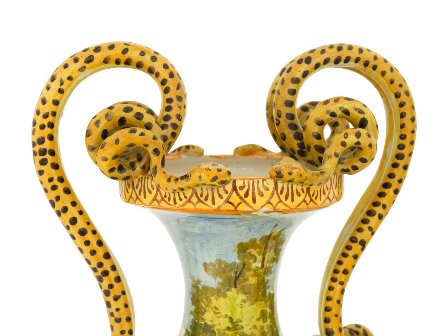 A Pair of Italian Faience Vases with Snake-Form Handles