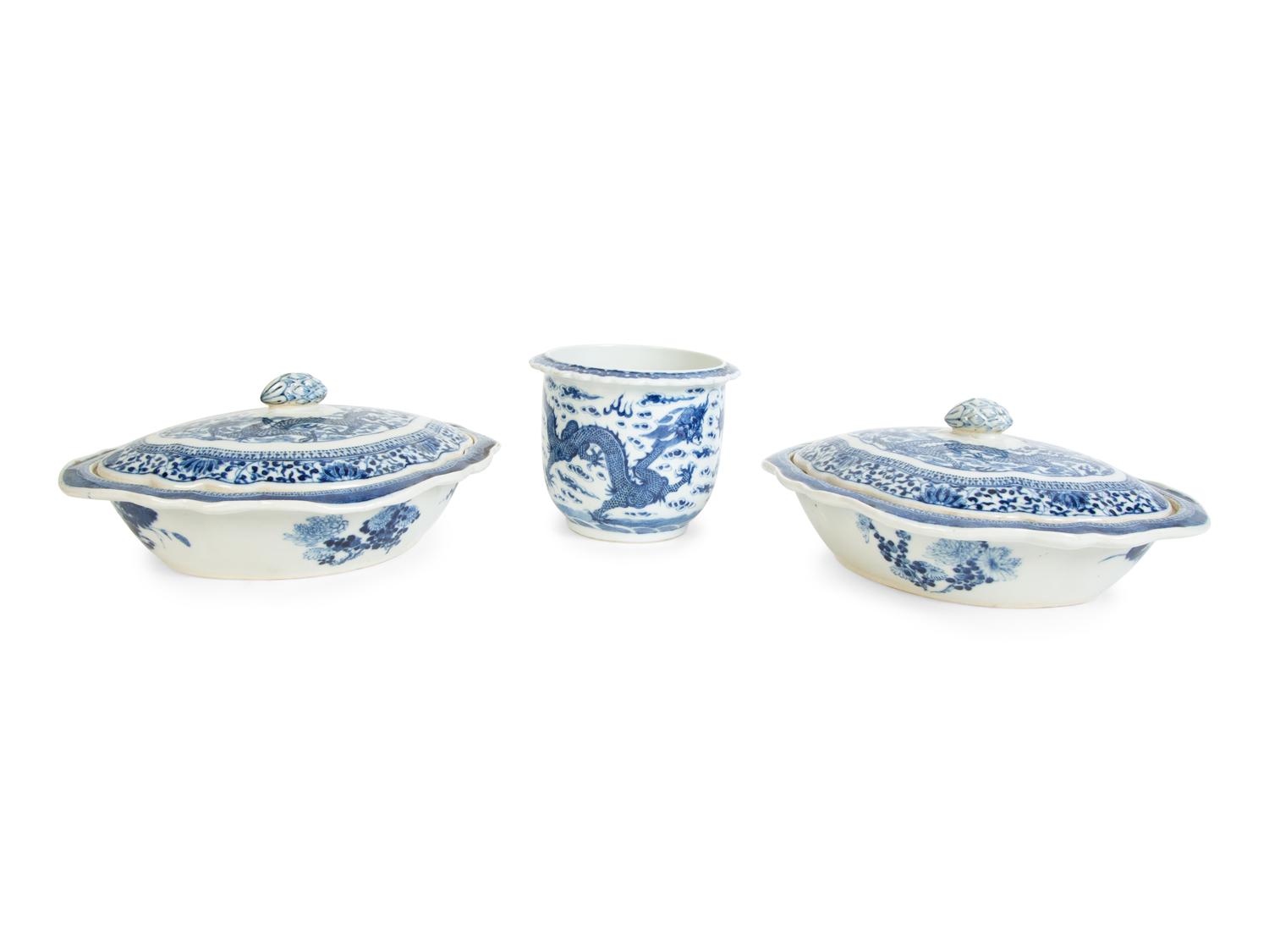 Two Chinese Blue and White Porcleain Lidded Vegetable Servers and a Cache Pot — 20TH CENTURY
