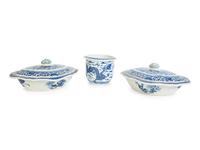 Two Chinese Blue and White Porcleain Lidded Vegetable Servers and a Cache Pot — 20TH CENTURY