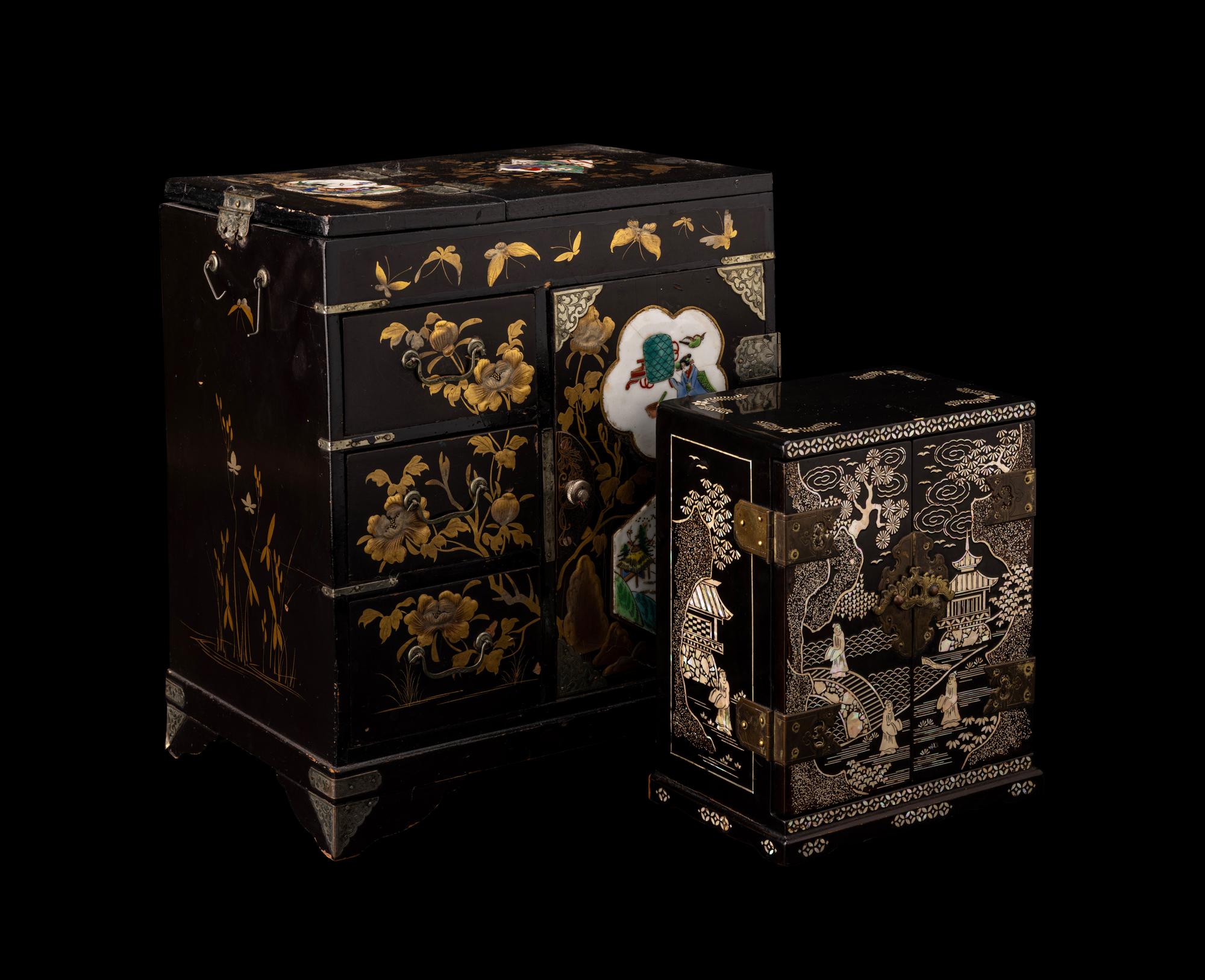 Two Inlaid Black Lacquer Table Chests