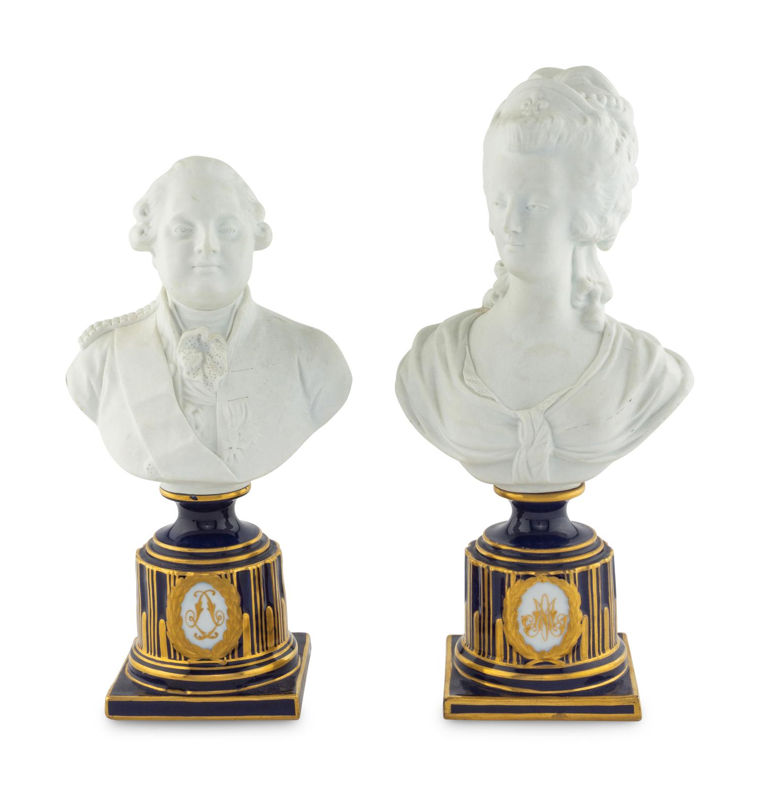 A Pair of Sèvres Style Biscuit Porcelain Busts of Marie Antoinette and Louis XVI
