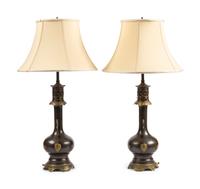 A Pair of French Gilt and Patinated Cast Metal Table Lamps