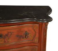A Louis XV Style Red Japanned Marble-Top Serpentine Commode