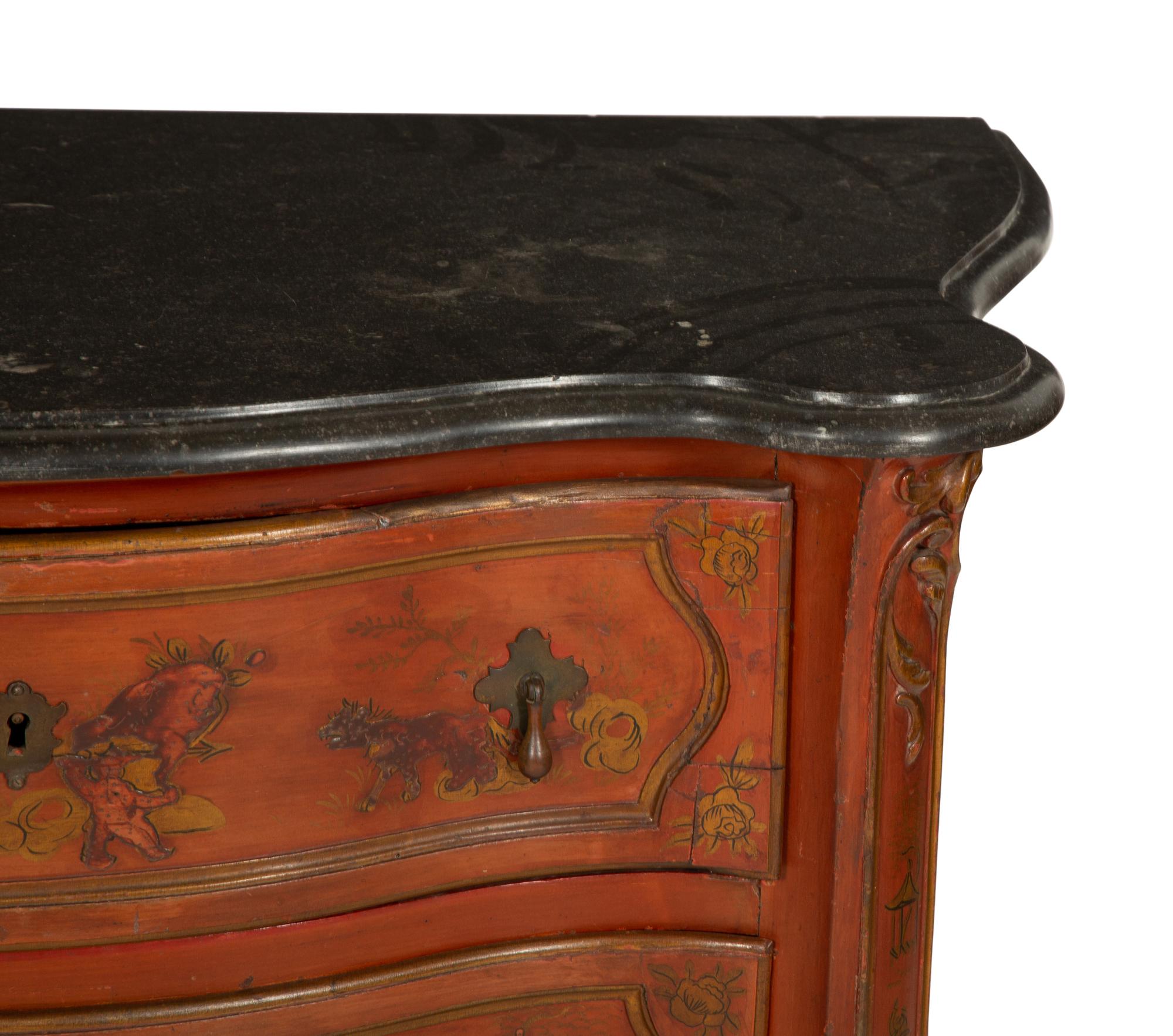 A Louis XV Style Red Japanned Marble-Top Serpentine Commode