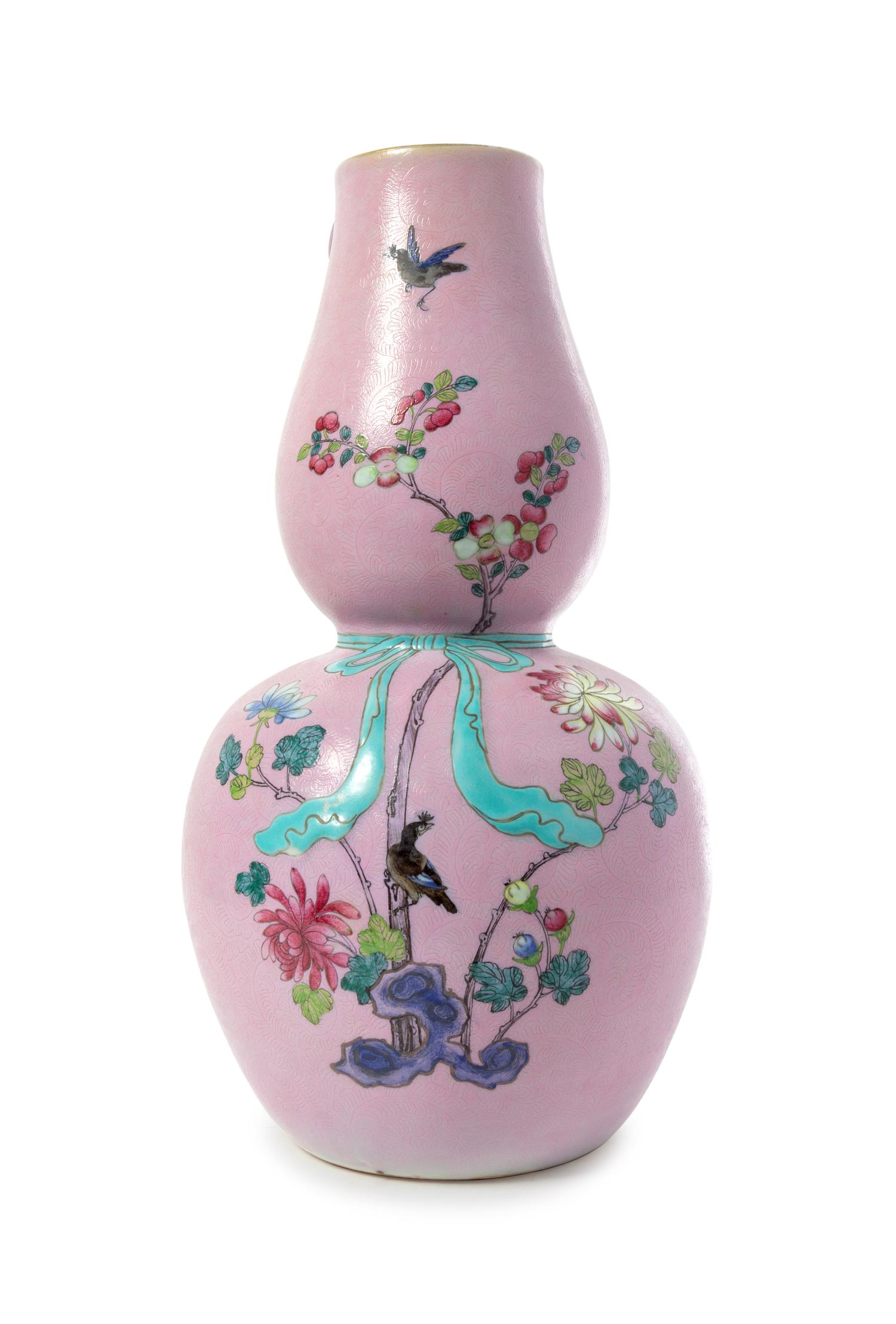 A Pink Ground Famille Rose Gourd-Form Vase