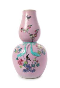 A Pink Ground Famille Rose Gourd-Form Vase
