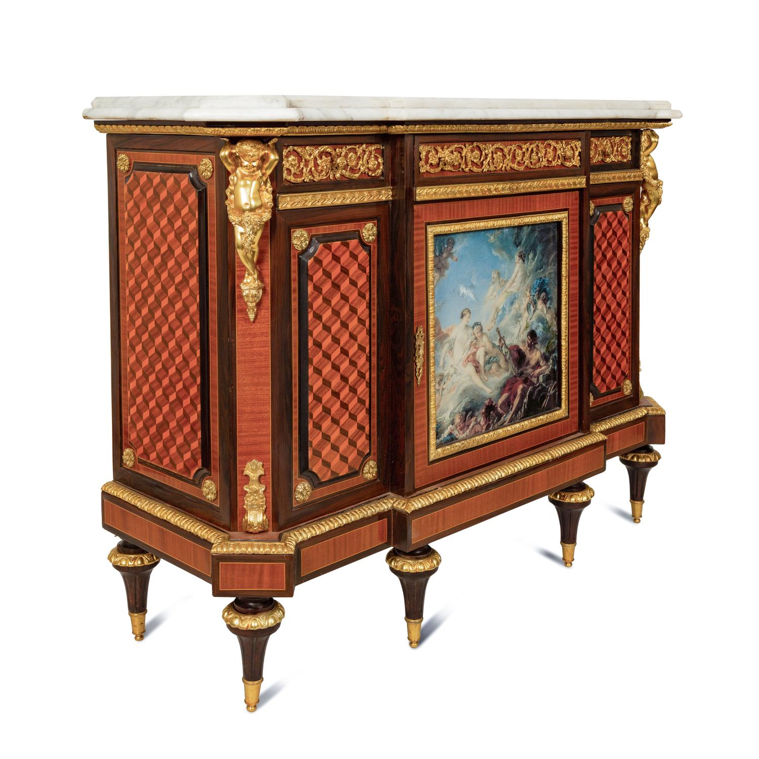 A Louis XVI Style Gilt Bronze and Porcelain Mounted Marble-Top Console Cabinet