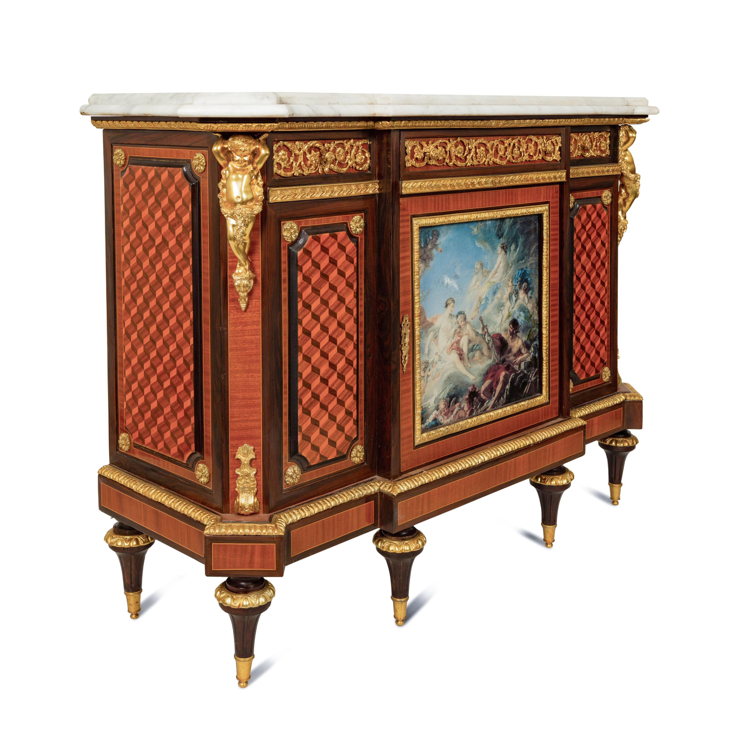 A Louis XVI Style Gilt Bronze and Porcelain Mounted Marble-Top Console Cabinet