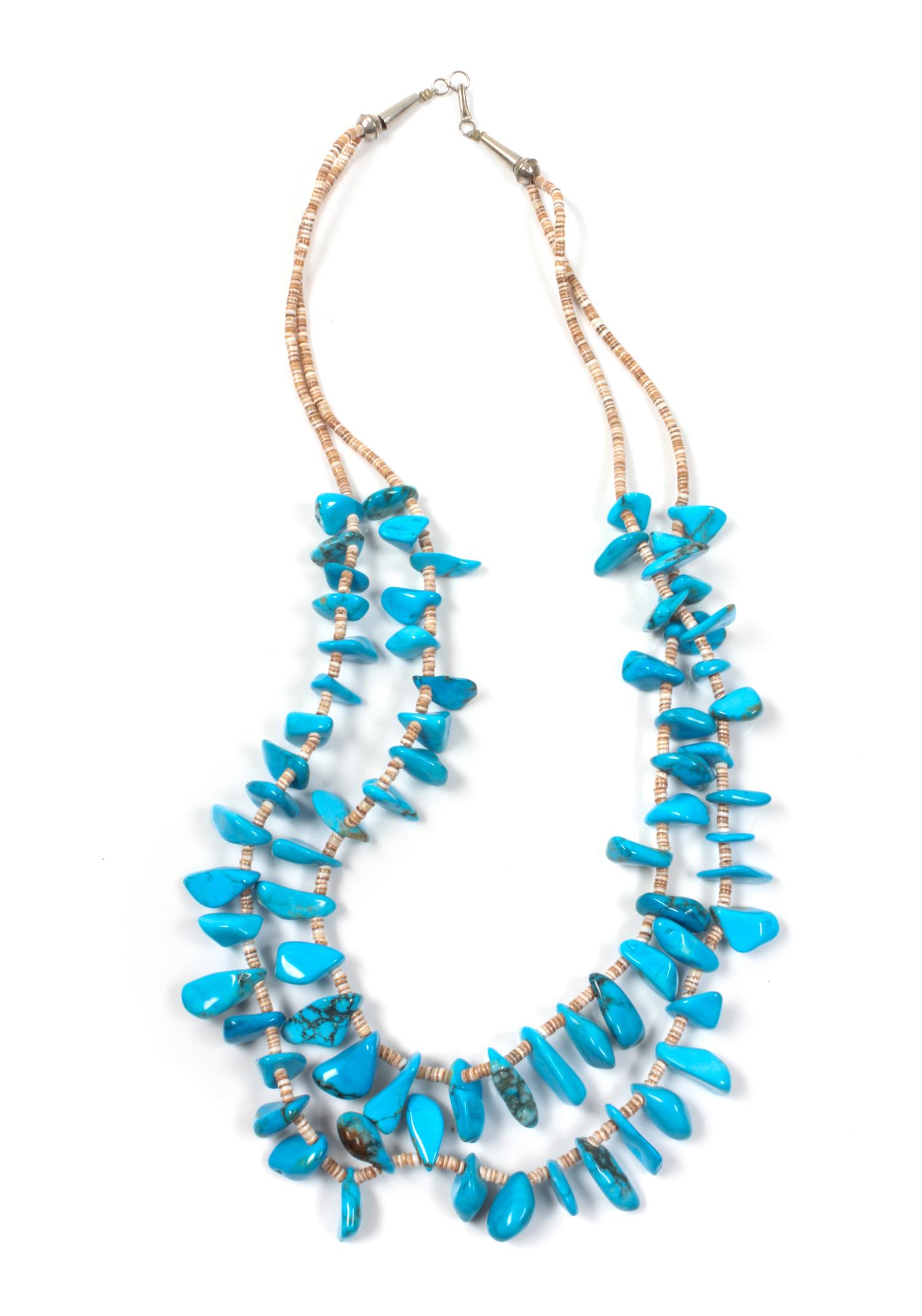 Southwestern Two Strand Turquoise and Heishi Shell Necklace Length 22 inches