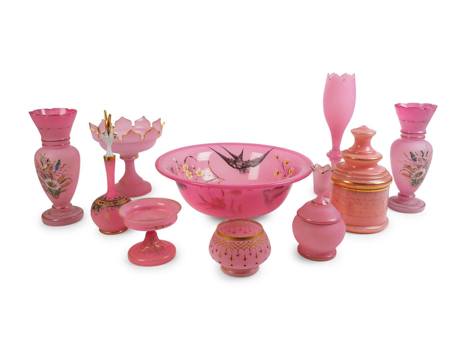 A Collection of Ten Pink Opaline Glass Items — 19TH CENTURY