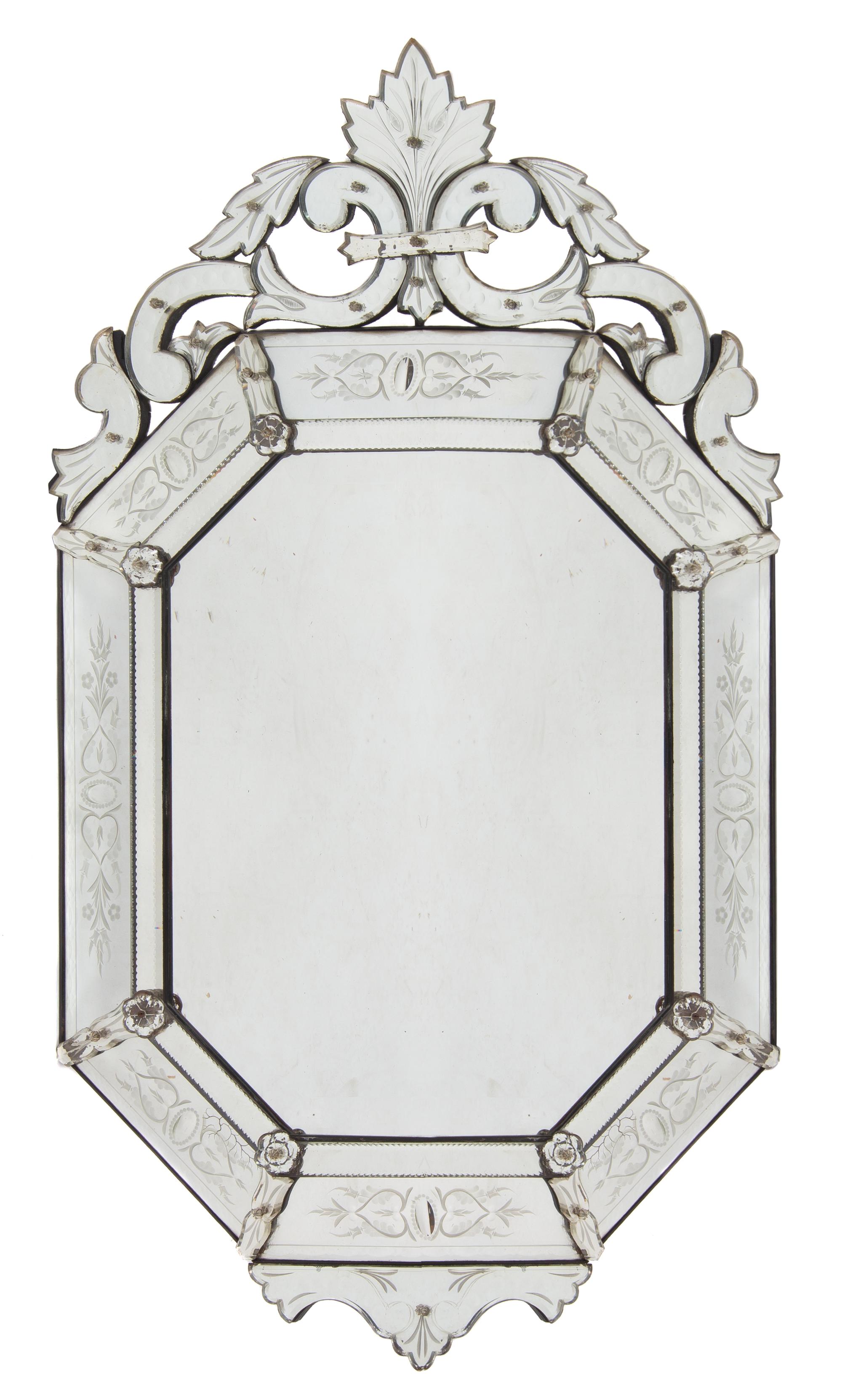 A Venetian Glass Mirror, Height 45 x width 26 1/2 inches.