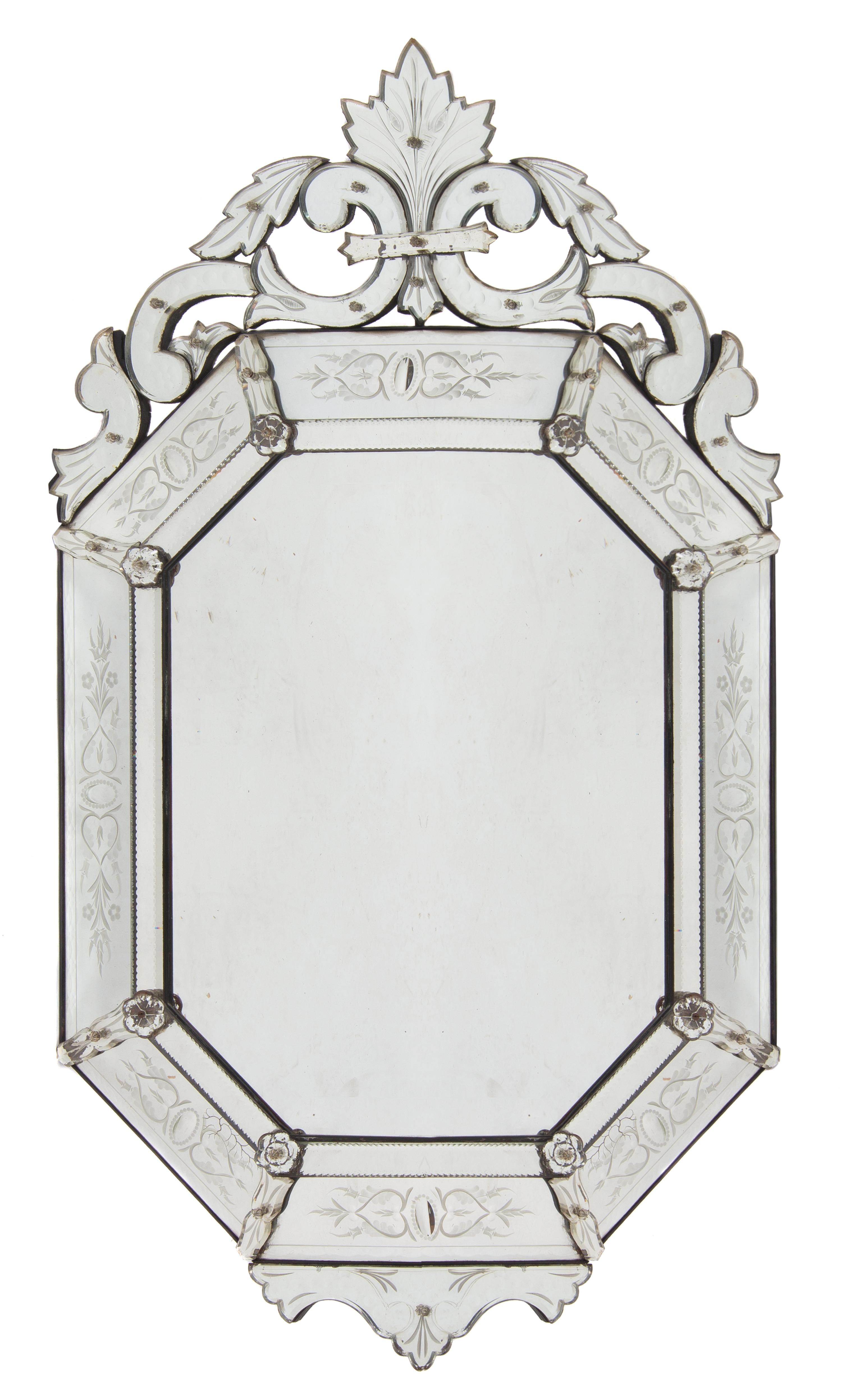 A Venetian Glass Mirror, Height 45 x width 26 1/2 inches.
