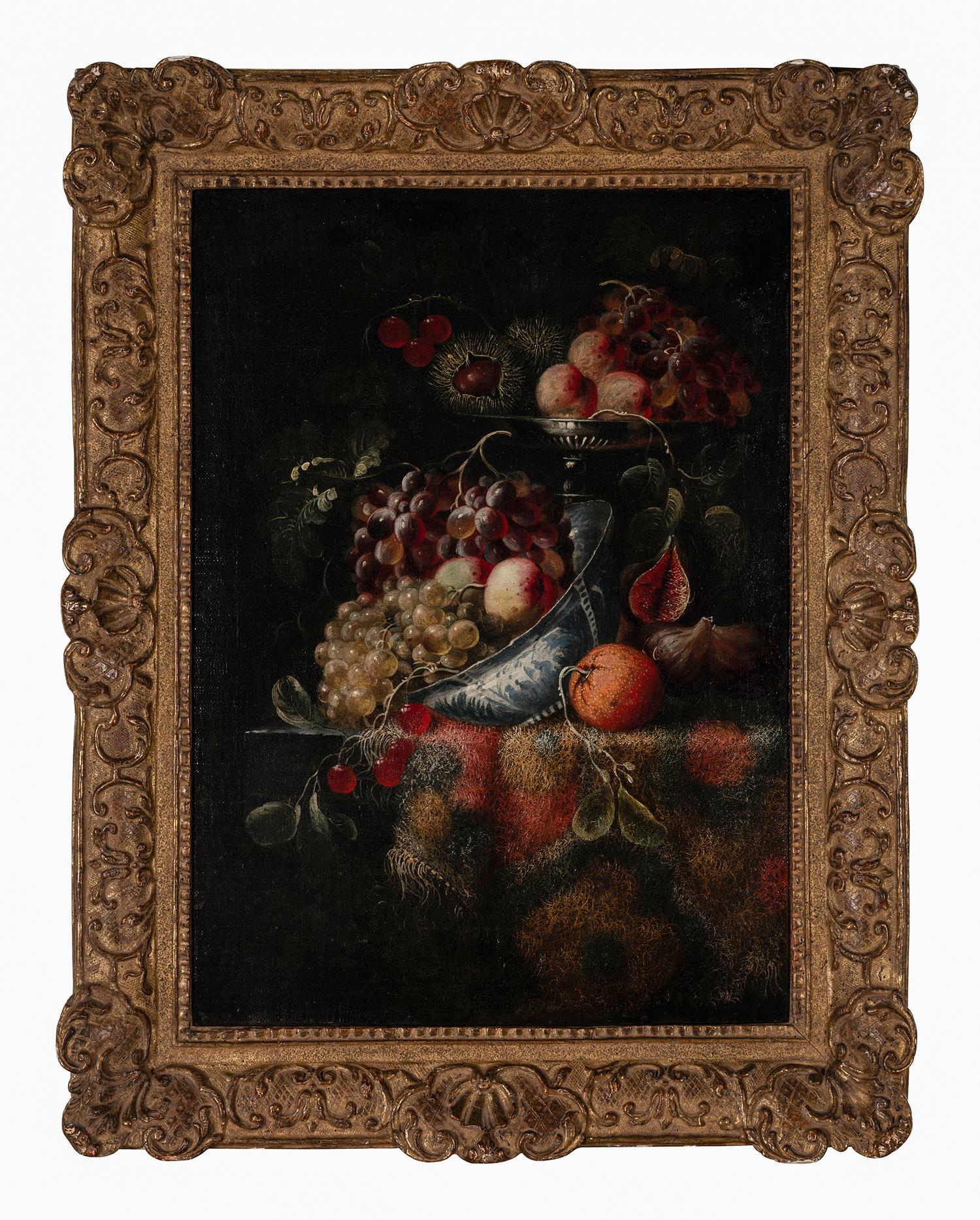 Still Life with Fruit on a Tazza and a Porcelain Bowl, All on a Carpet-Covered Table