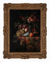 Still Life with Fruit on a Tazza and a Porcelain Bowl, All on a Carpet-Covered Table
