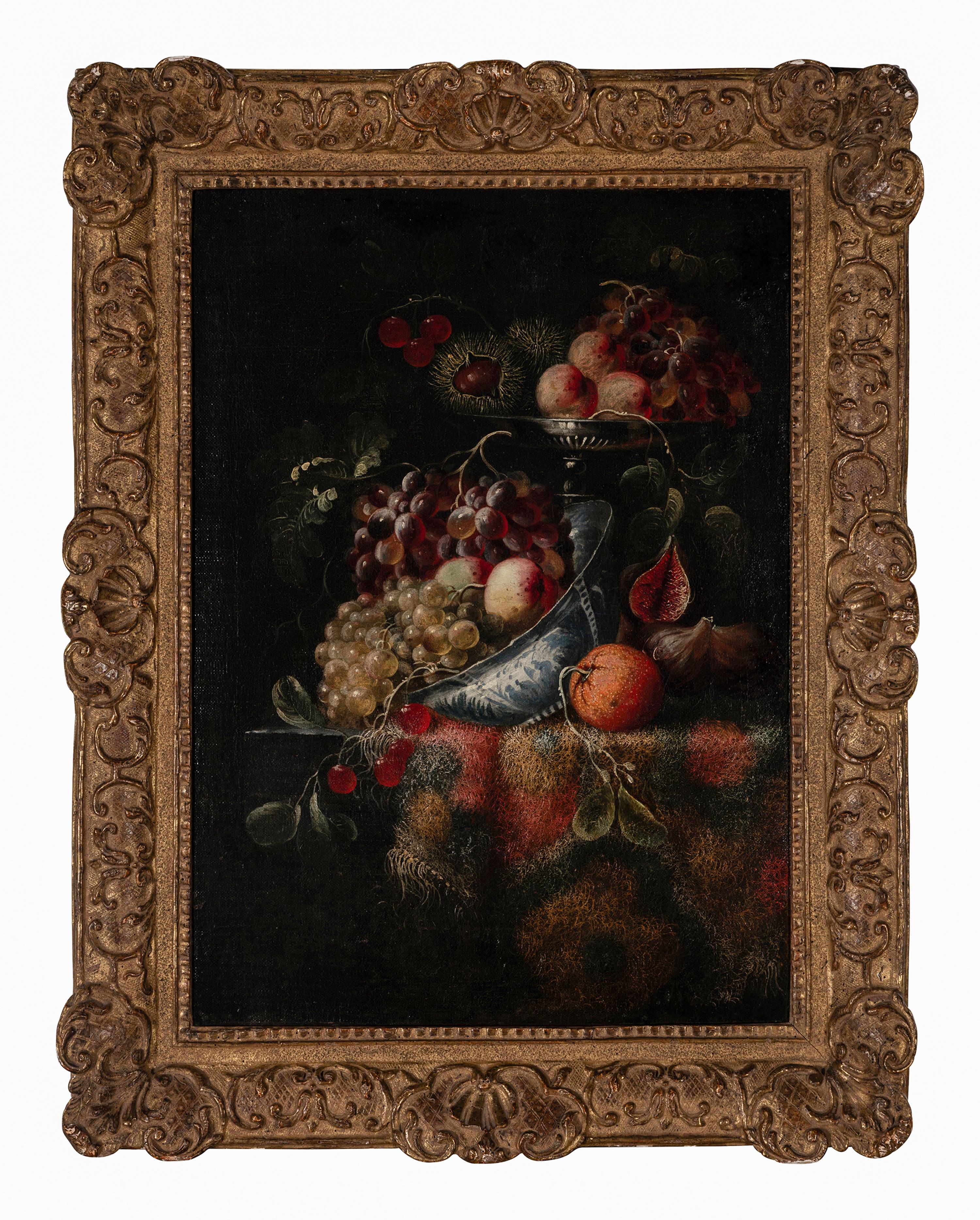 Still Life with Fruit on a Tazza and a Porcelain Bowl, All on a Carpet-Covered Table