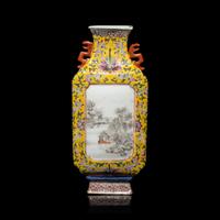A Chinese Yellow Ground Famille Rose Porcelain 'Landscape' Square Vase, Early-Mid 20th Century — 近代 黃地粉彩纏枝蓮紋開光山水圖雙耳方瓶