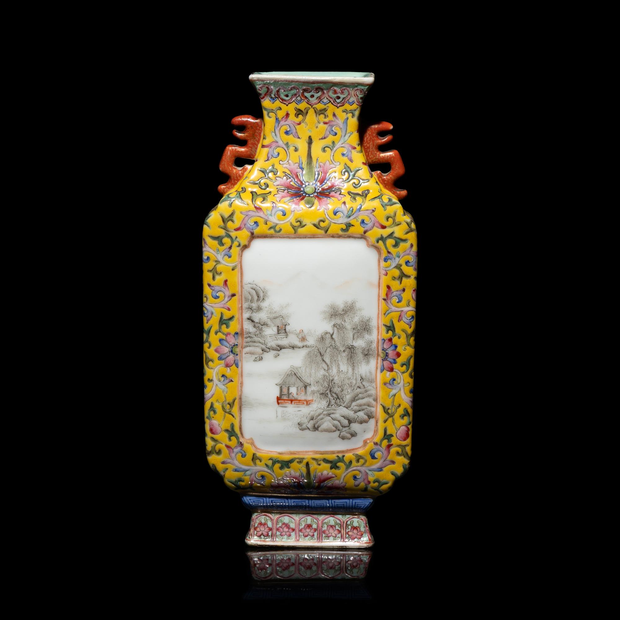 A Chinese Yellow Ground Famille Rose Porcelain 'Landscape' Square Vase, Early-Mid 20th Century — 近代 黃地粉彩纏枝蓮紋開光山水圖雙耳方瓶