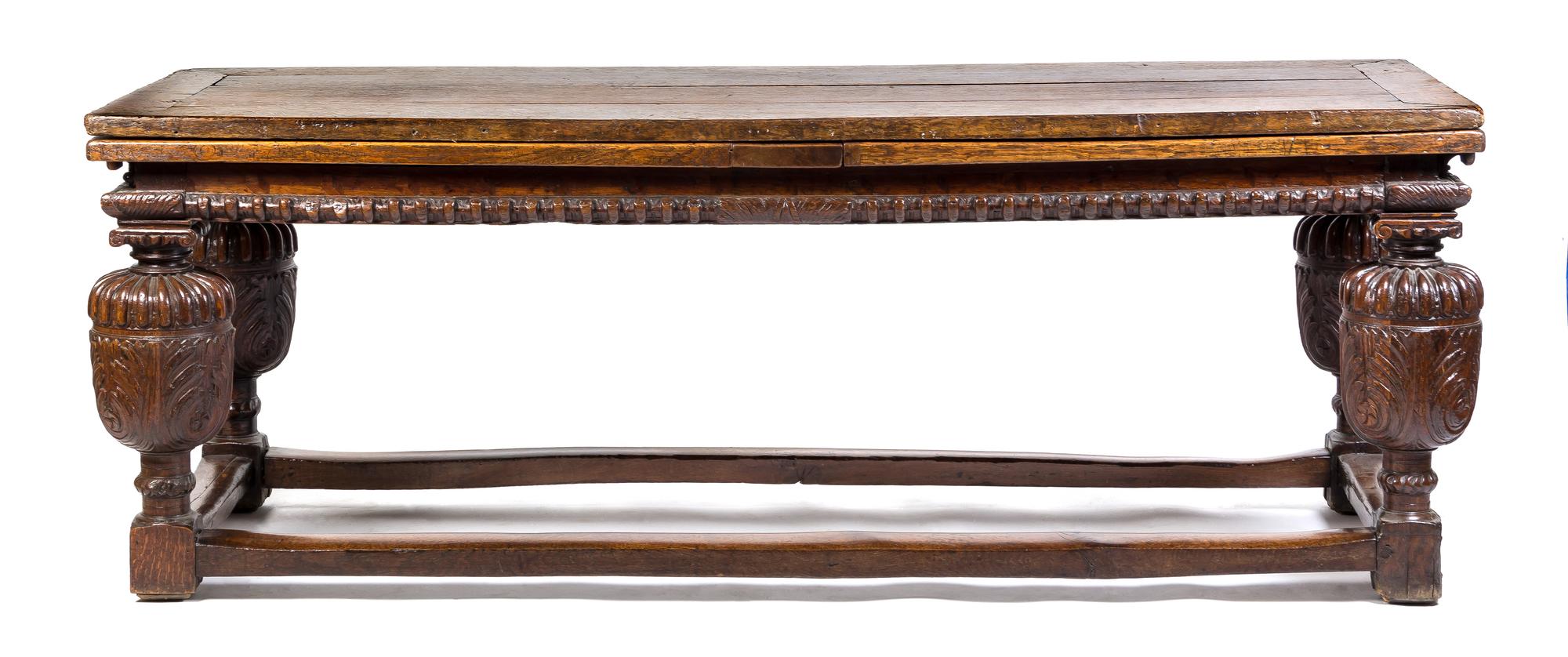 An English Oak Draw-Leaf Refectory Table Heigh 33 x width 92 1/2 x depth 36 inches (closed). — 17TH CENTURY