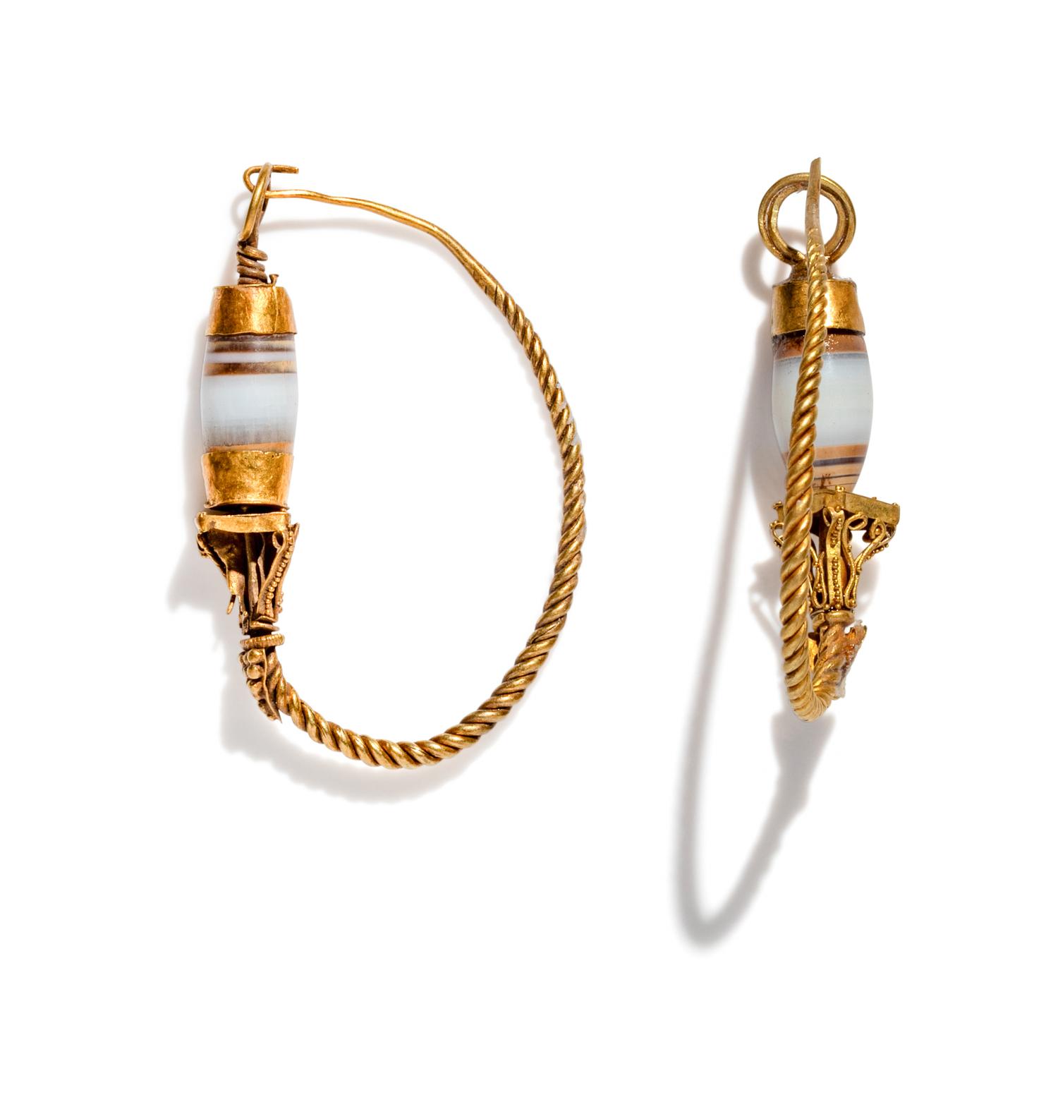 A Pair of Roman Agate and Gold Hoop Earrings