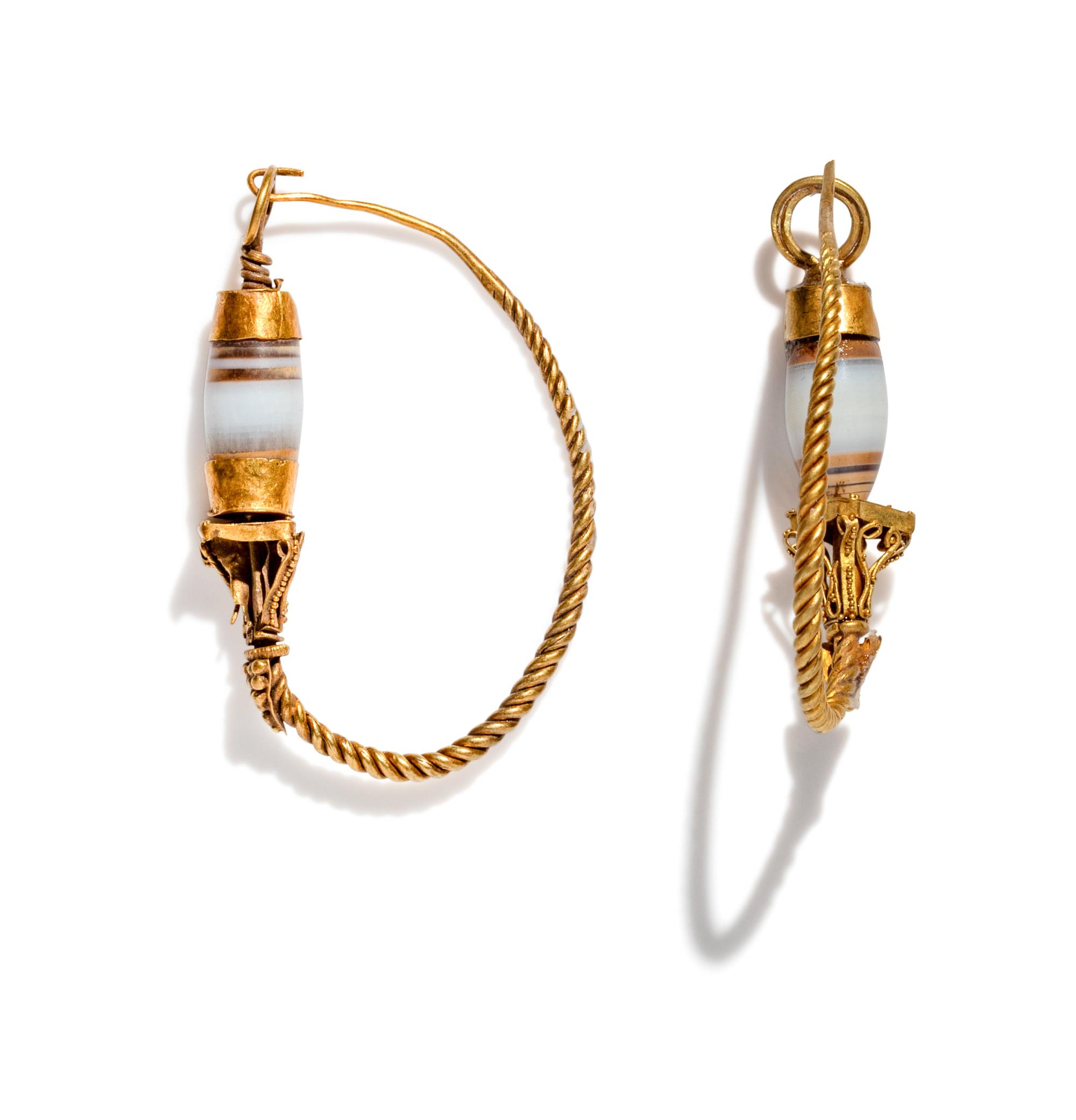 A Pair of Roman Agate and Gold Hoop Earrings