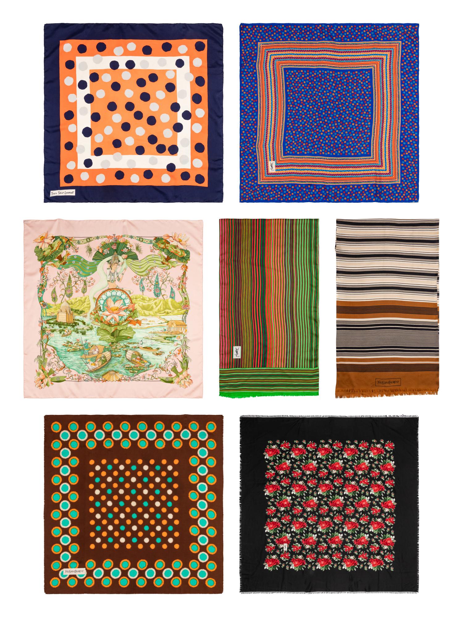 Seven Designer Silk Scarves by YSL and Hermès