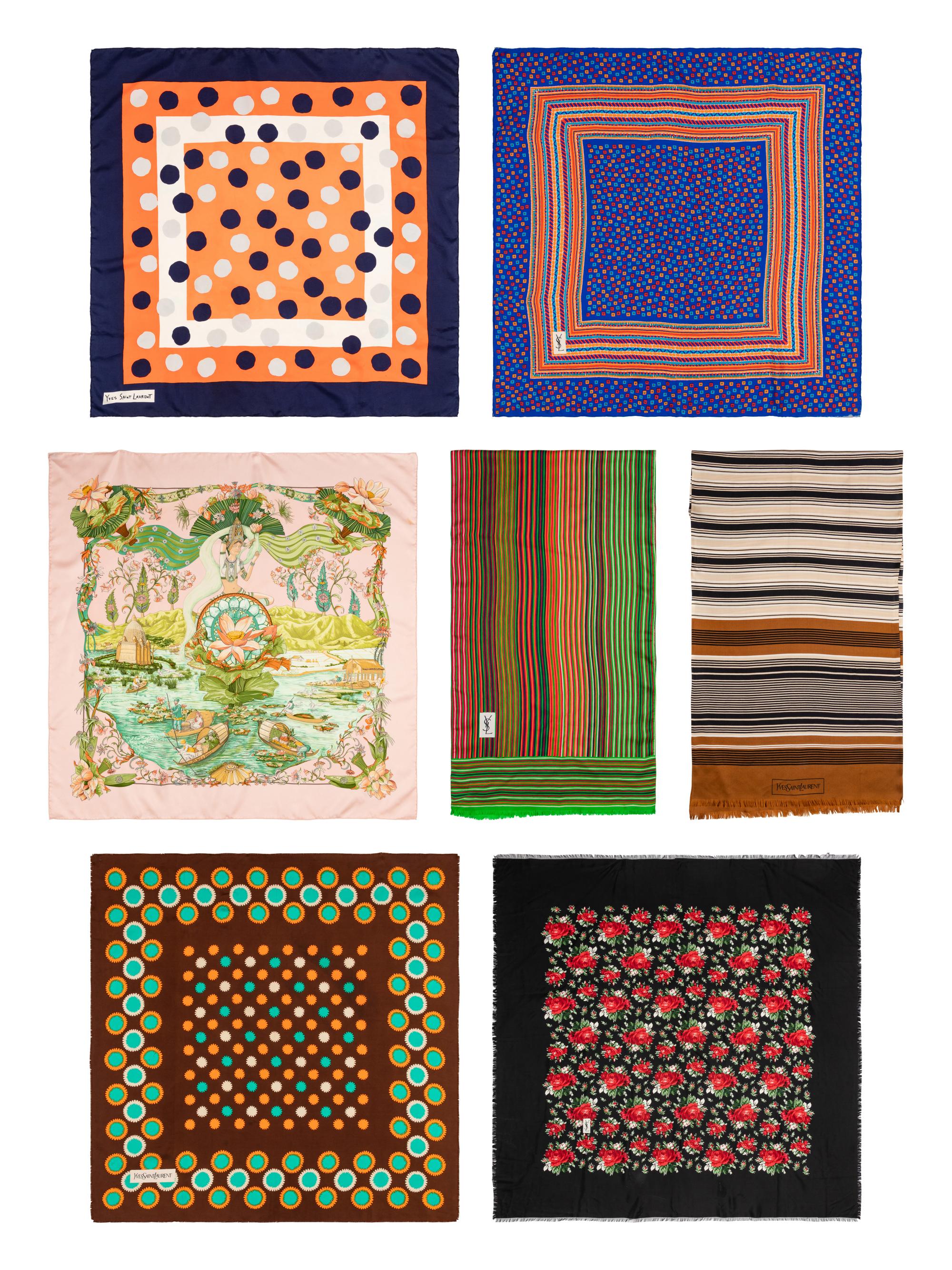 Seven Designer Silk Scarves by YSL and Hermès