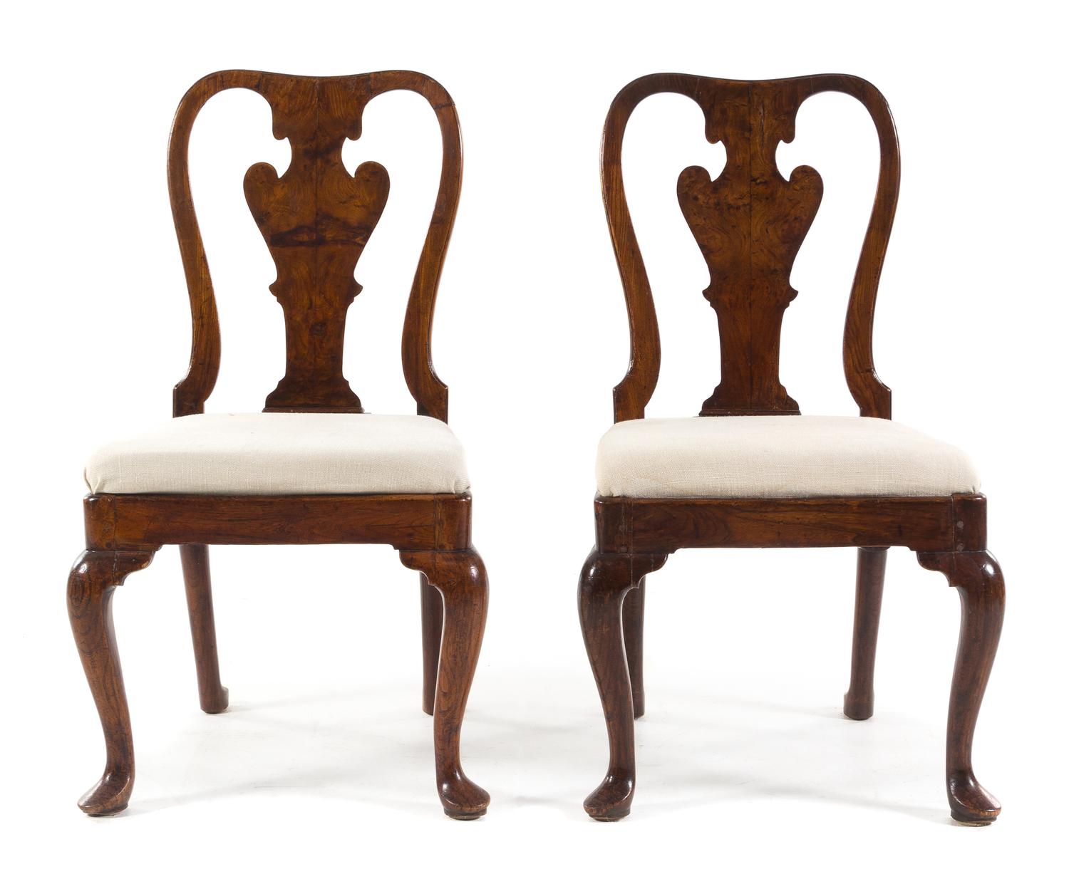 A Pair of George II Style Walnut Dining Chairs Height 37 1/2 x width 21 x depth 22 1/2 inches. — 18TH/19TH CENTURY AND LATER