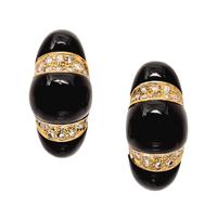 A Pair of 14 Karat Yellow Gold, Diamond and Onyx Earclips,