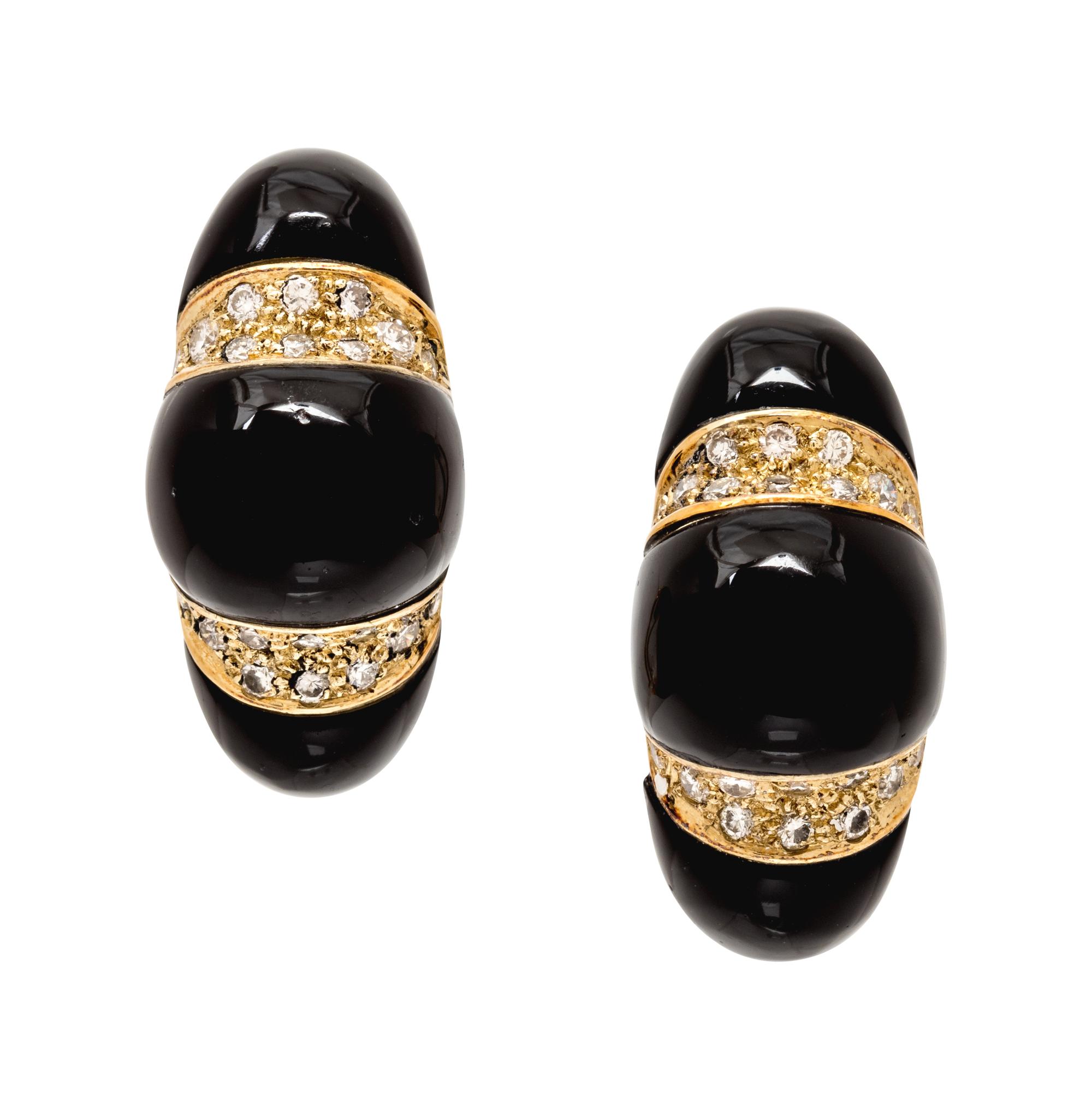 A Pair of 14 Karat Yellow Gold, Diamond and Onyx Earclips,
