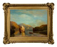 Andrew McCallum (British, 1821-1902) — Sailboats in the Bay and a Rowboat Taxiing Figures to an Anchored Boat , 1890