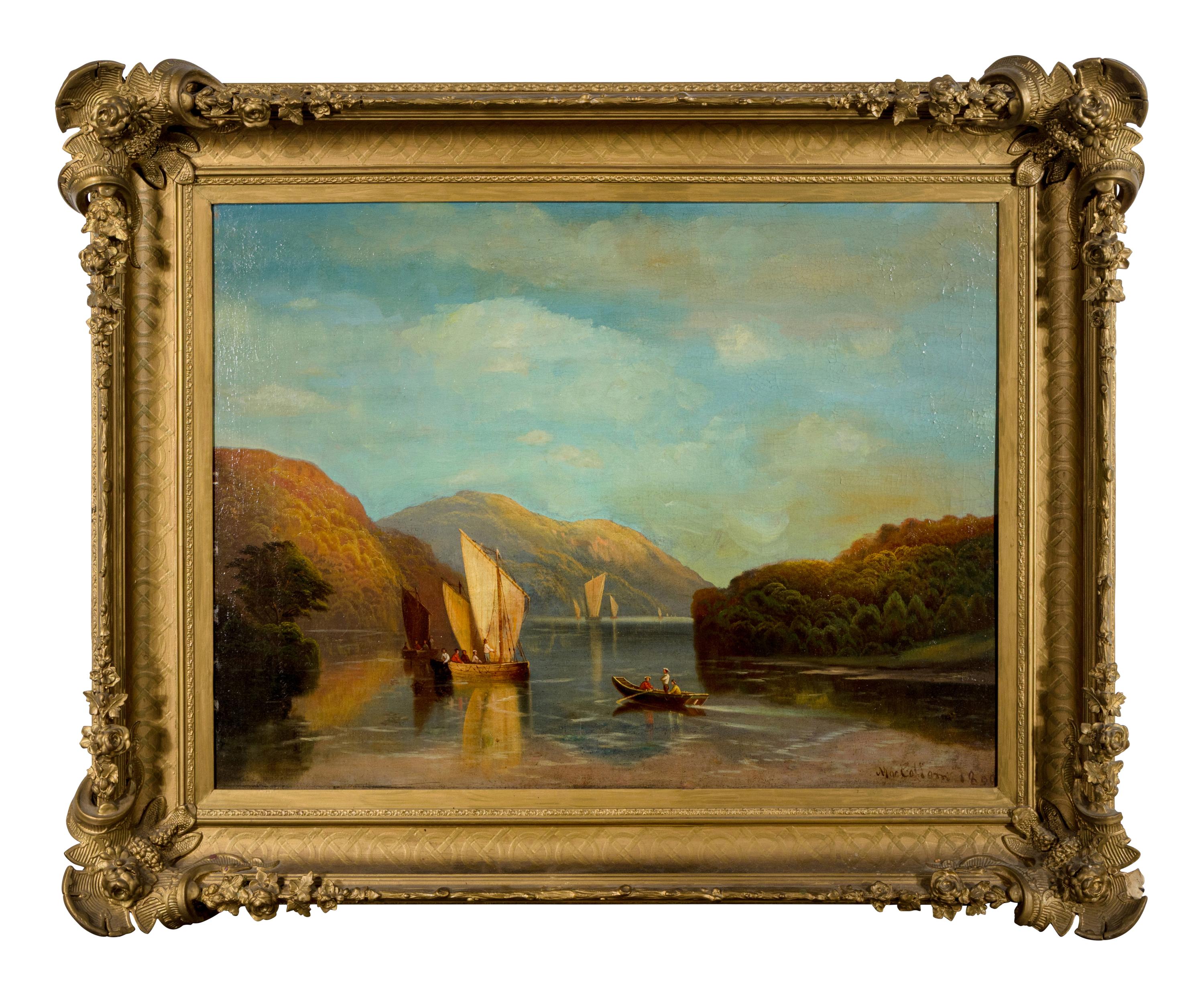 Andrew McCallum (British, 1821-1902) — Sailboats in the Bay and a Rowboat Taxiing Figures to an Anchored Boat , 1890