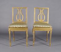 A Pair of Louis XVI Style Giltwood Side Chairs, Bidel and Co., Height 33 3/4 inches.