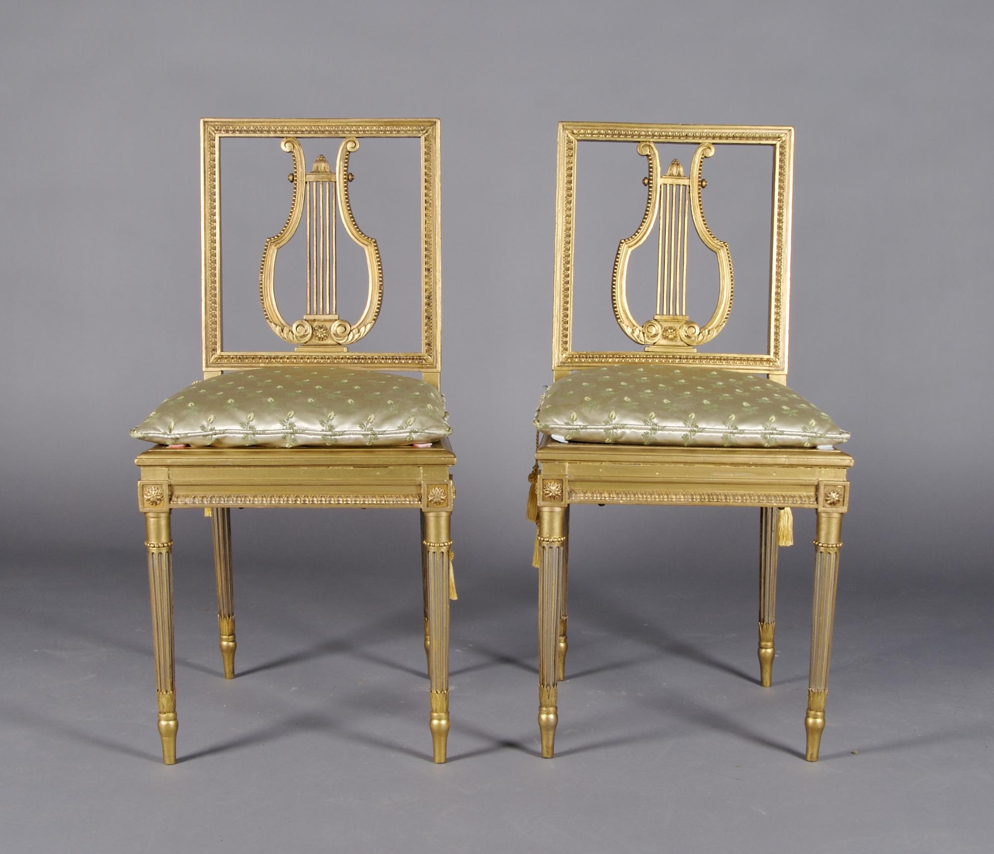 A Pair of Louis XVI Style Giltwood Side Chairs, Bidel and Co., Height 33 3/4 inches.