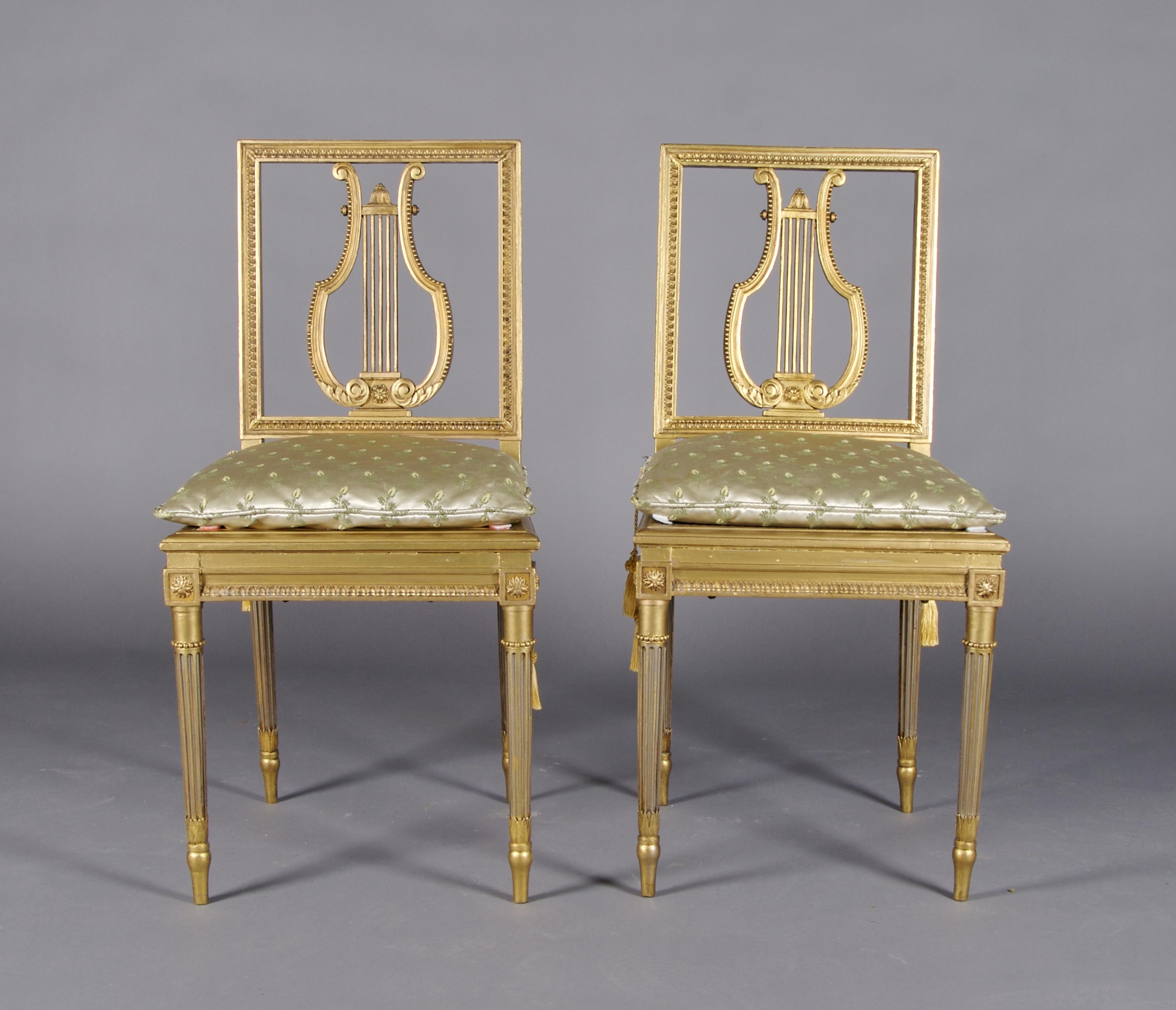 A Pair of Louis XVI Style Giltwood Side Chairs, Bidel and Co., Height 33 3/4 inches.
