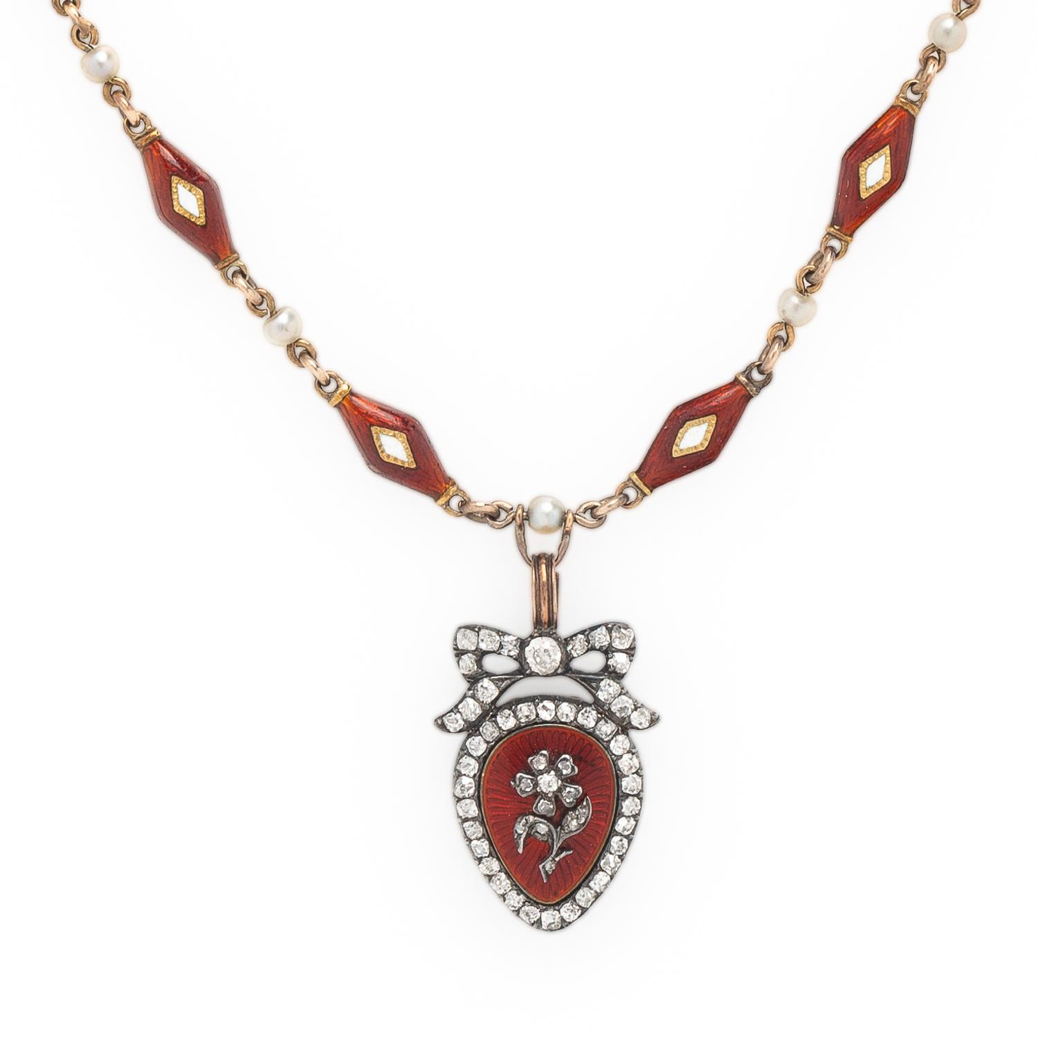 VICTORIAN, DIAMOND, SEED PEARL, AND ENAMEL MOURNING NECKLACE