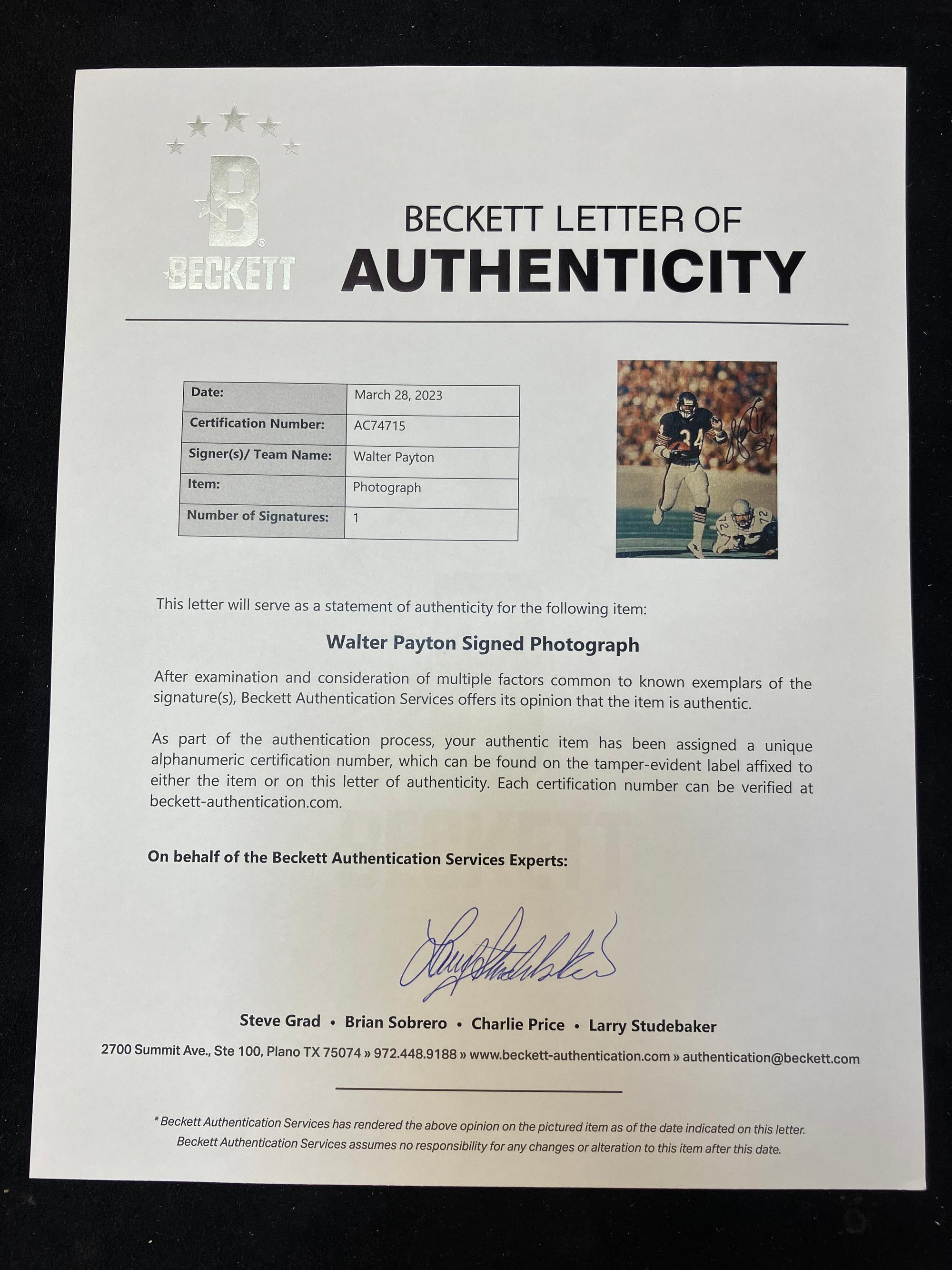 A Walter Payton Signed Autograph Photo (Beckett Authentication Services Letter),