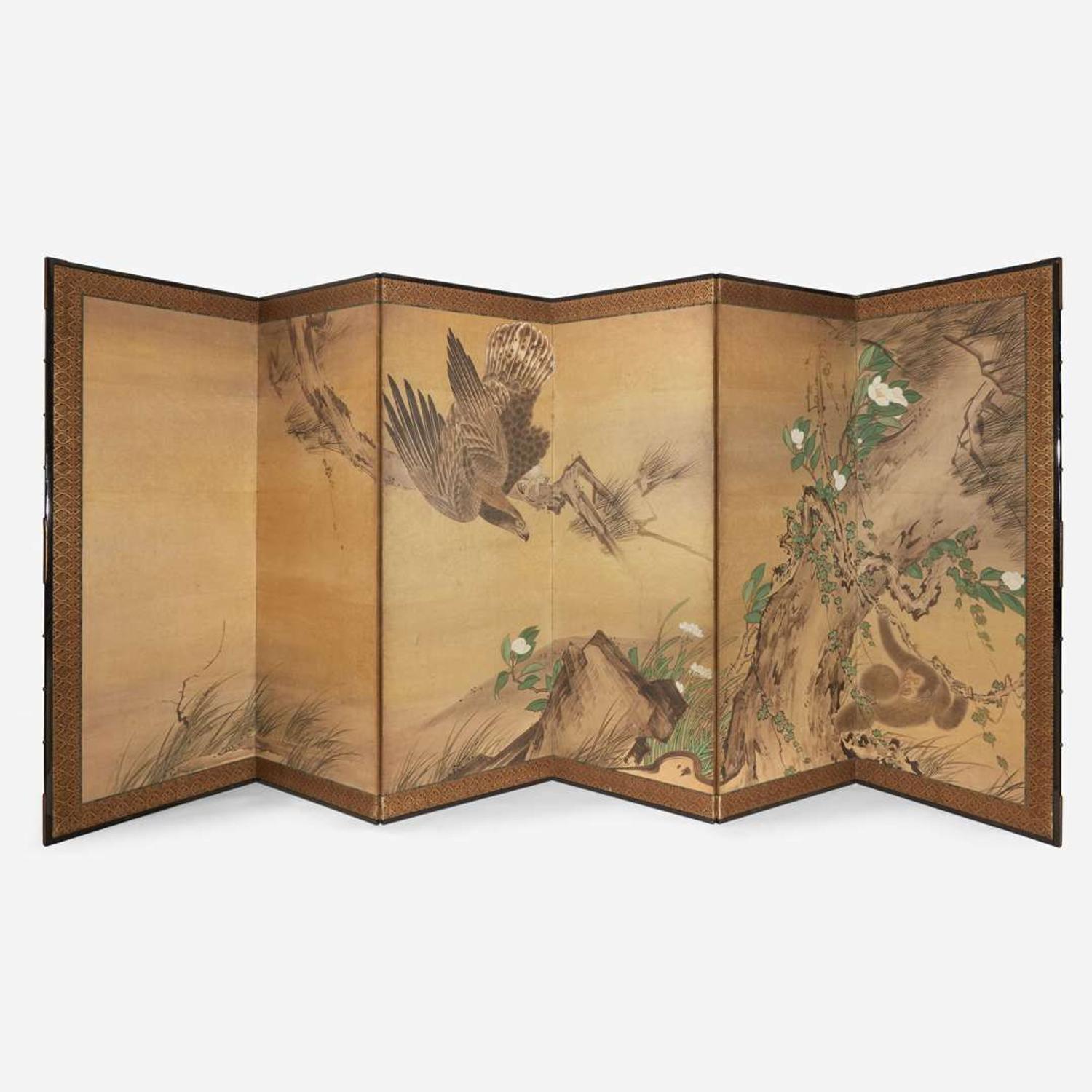 A Japanese six-panel "Eagle and Monkey" screen Edo-Meiji period