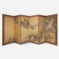 A Japanese six-panel "Eagle and Monkey" screen Edo-Meiji period