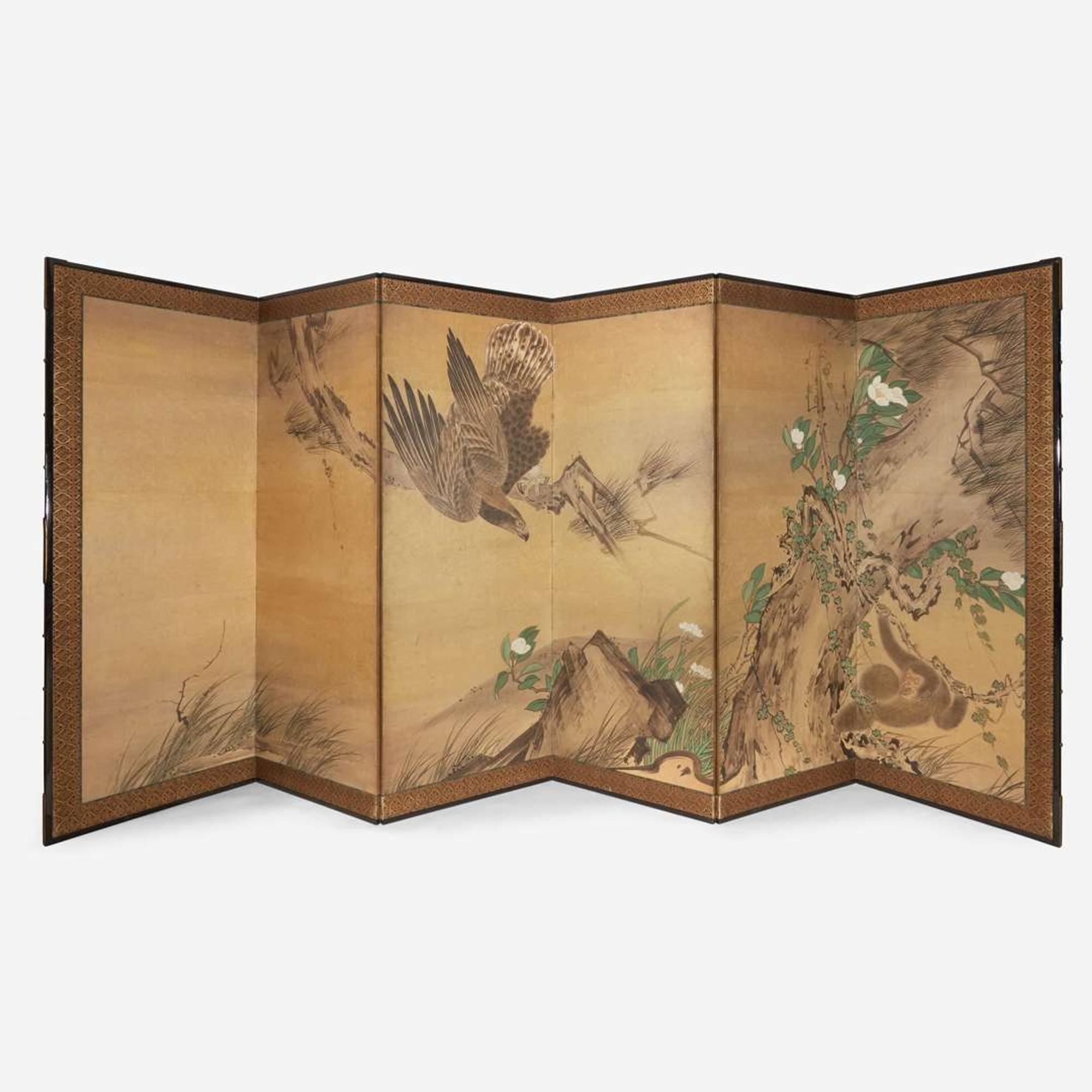 A Japanese six-panel "Eagle and Monkey" screen Edo-Meiji period