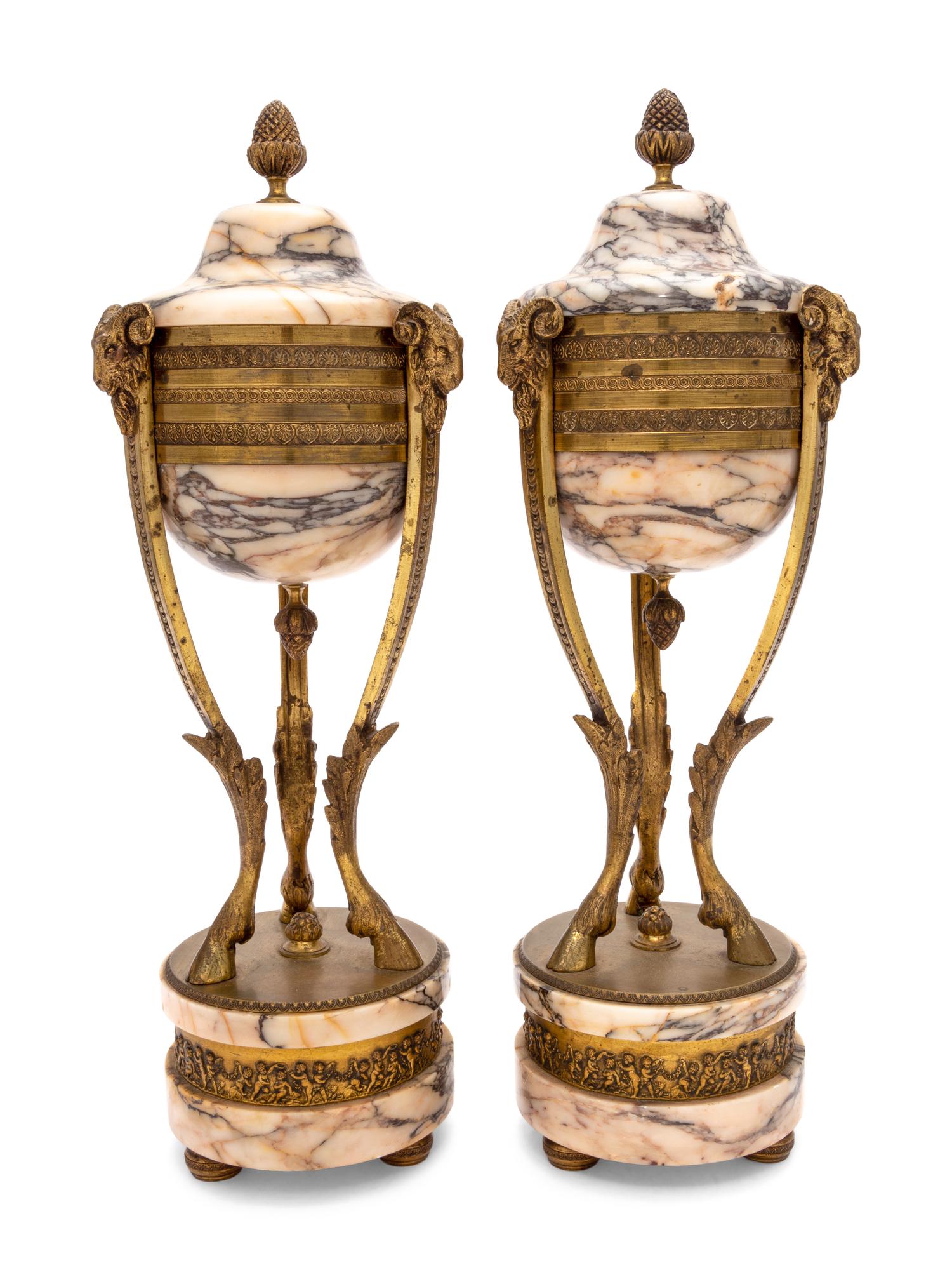 A Pair of Continental Gilt Bronze and Marble Cassolettes