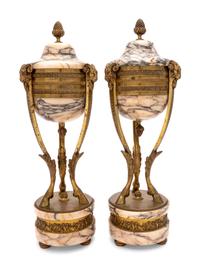 A Pair of Continental Gilt Bronze and Marble Cassolettes