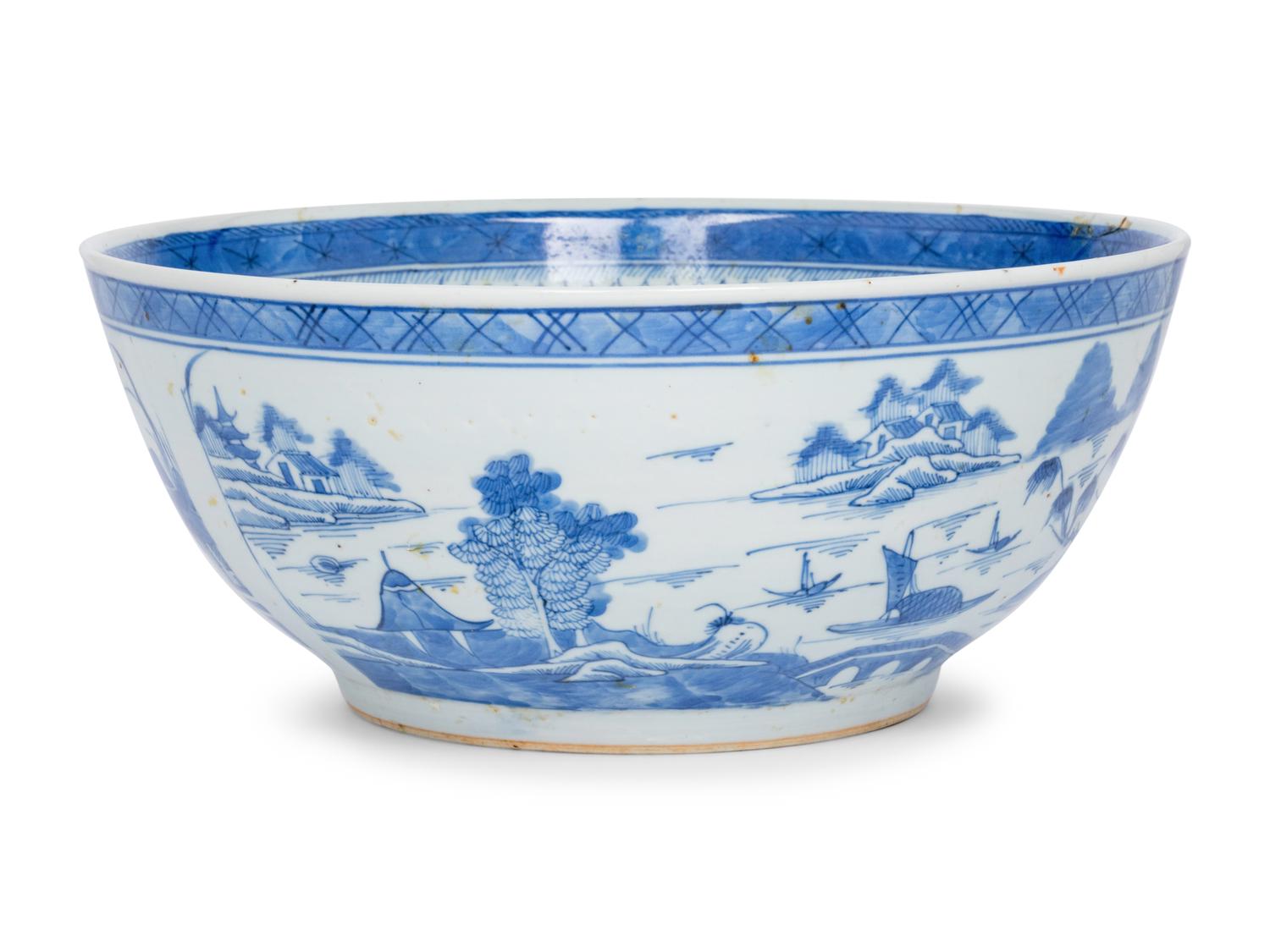 A Large Canton Blue and White Porcelain Serving Bowl