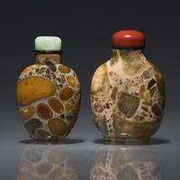 Two Chinese Puddingstone Snuff Bottles, Qing Dynasty, 18th-19th Century — 清中期 抱子石鼻煙壺兩支